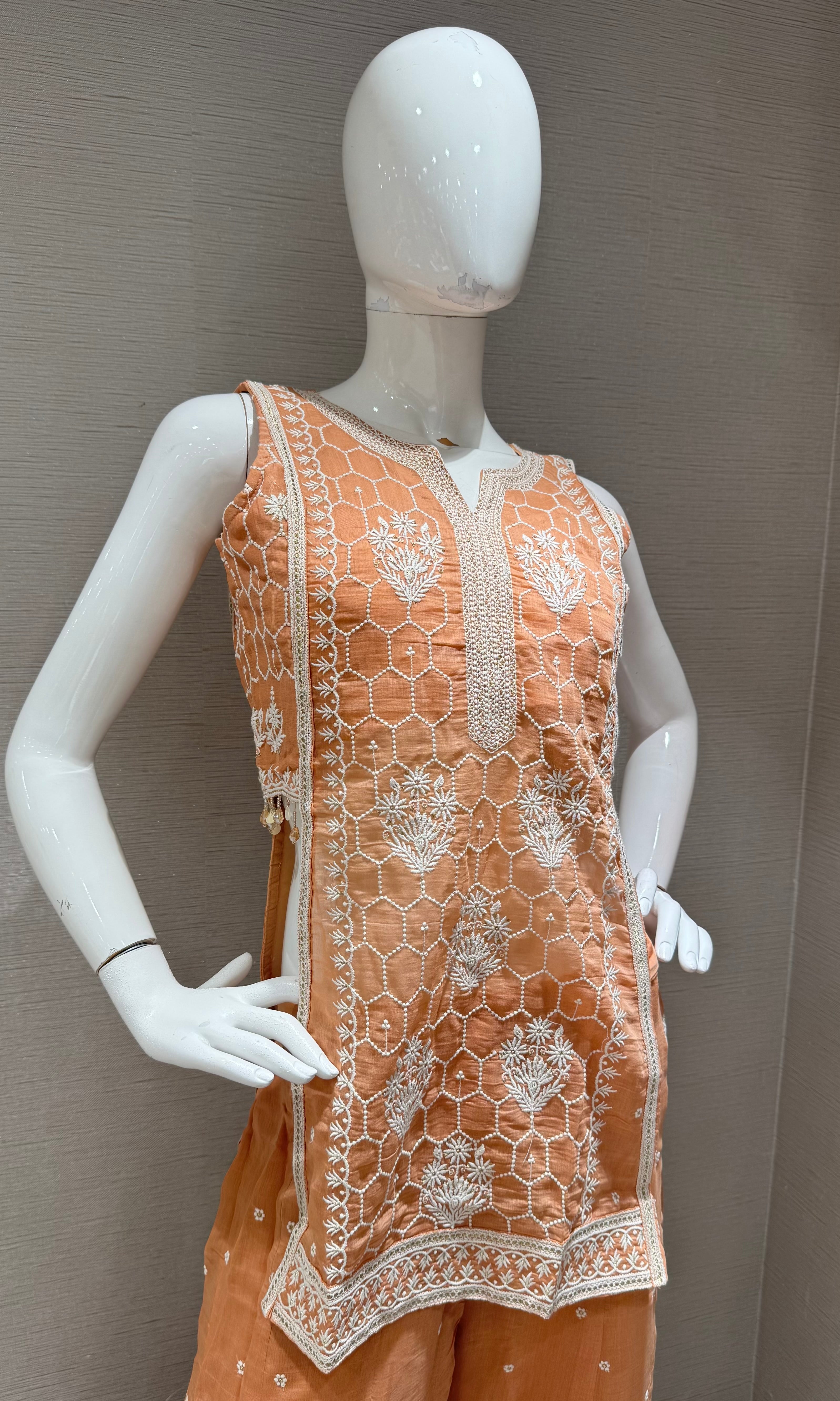Peach Floral Embroidered Palazzo with Sheer Dupatta