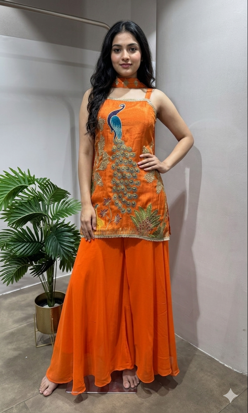 ORANGE PEACOCK EMBROIDERY SHARARA SET