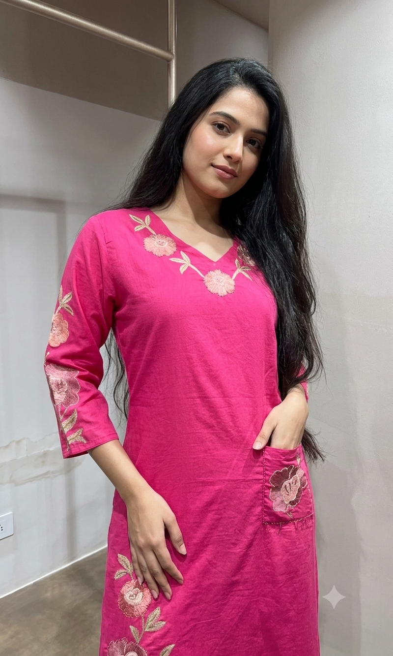 PINK Silk Kurta set with Rose Embroidery