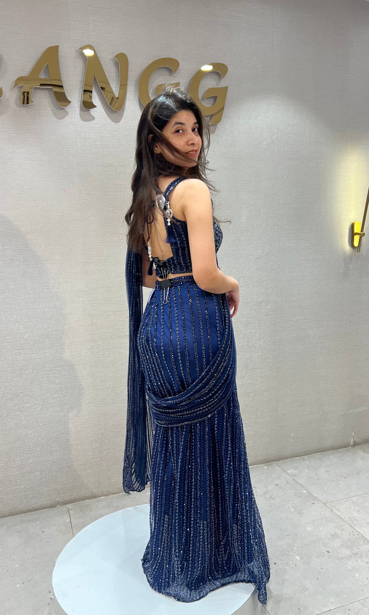 Navy Blue Embellished Saree with Corset Blouse
