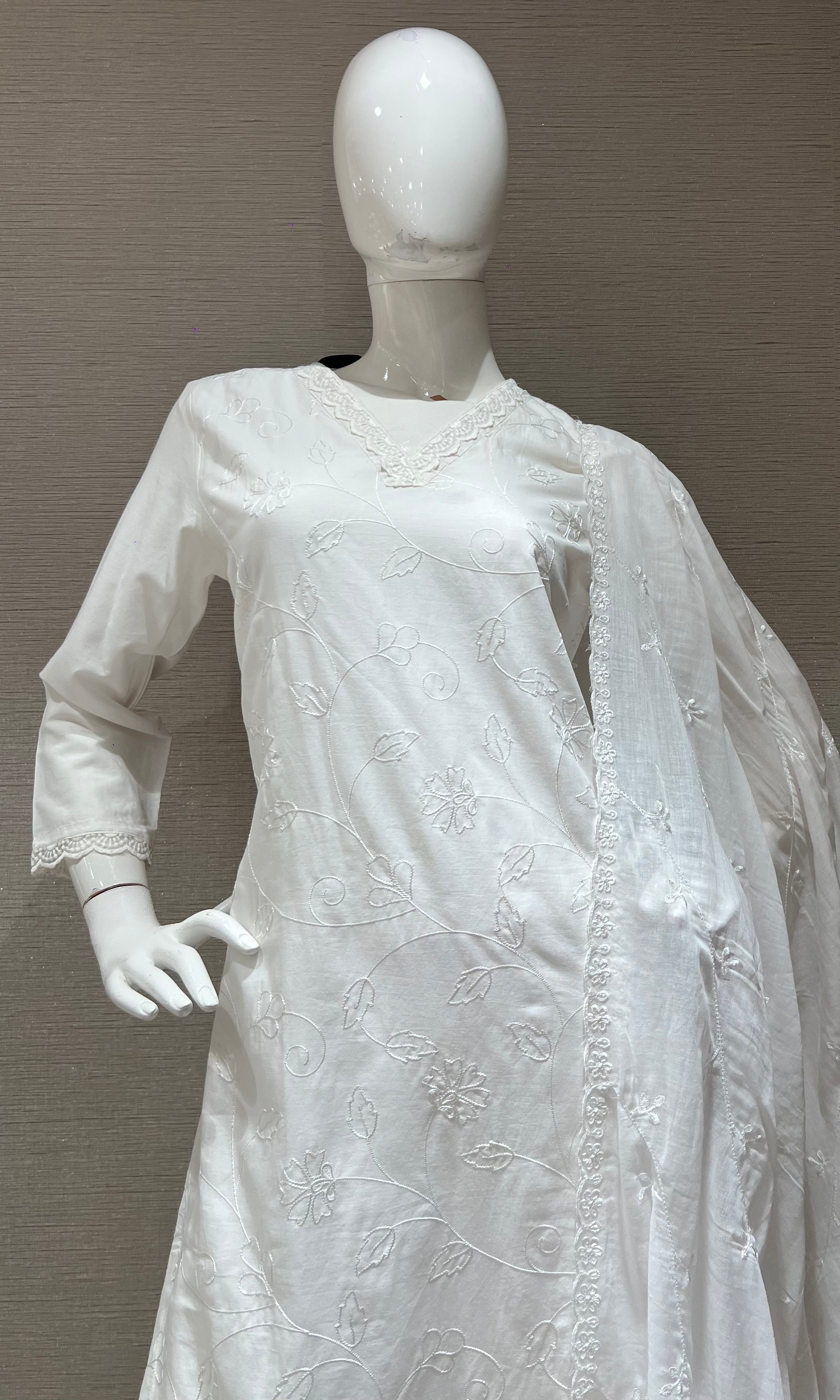 White Cotton Kurta Set with Pink Floral Embroidery