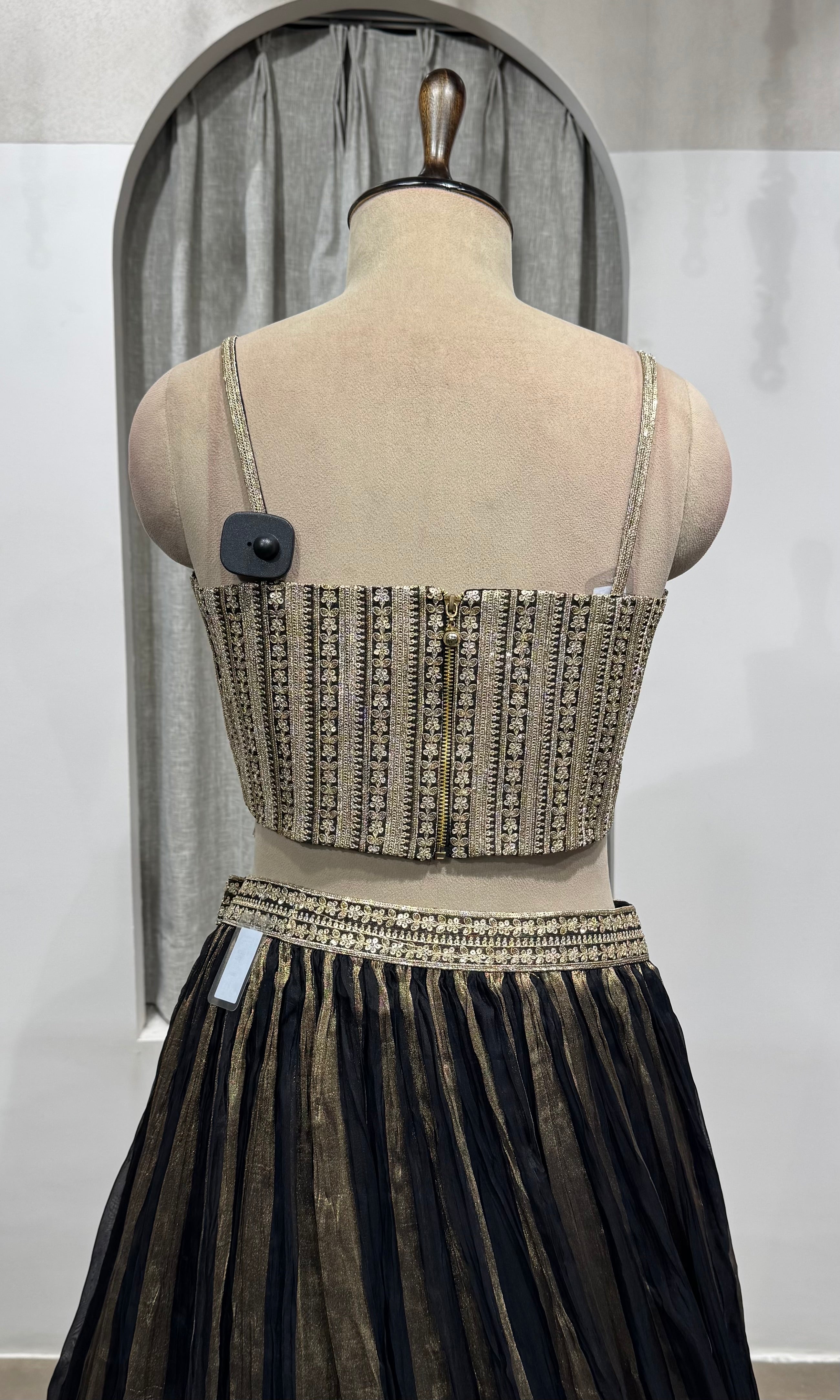black and gold striped corset lehenga