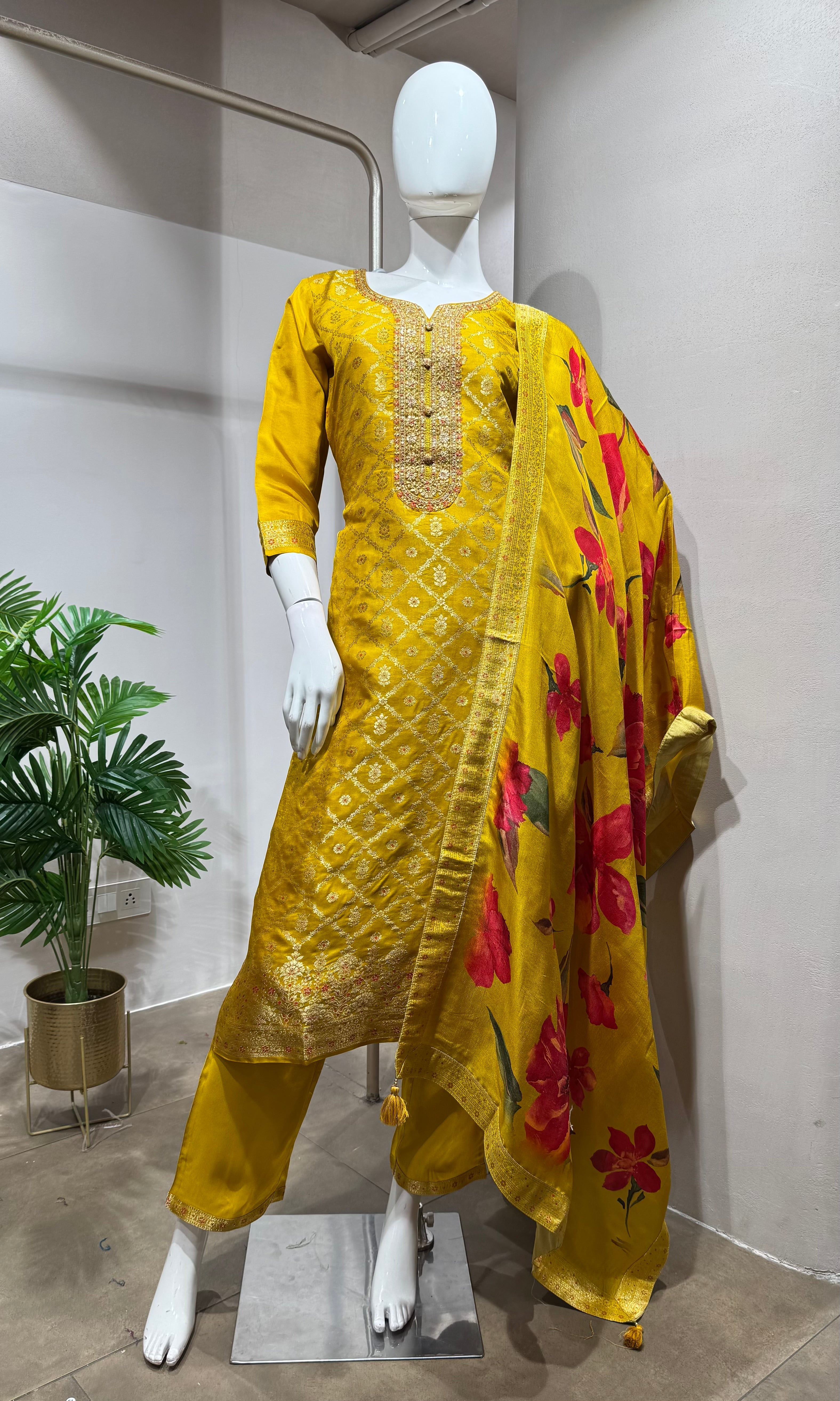 Yellow Embroidered Kurta Set with Dupatta
