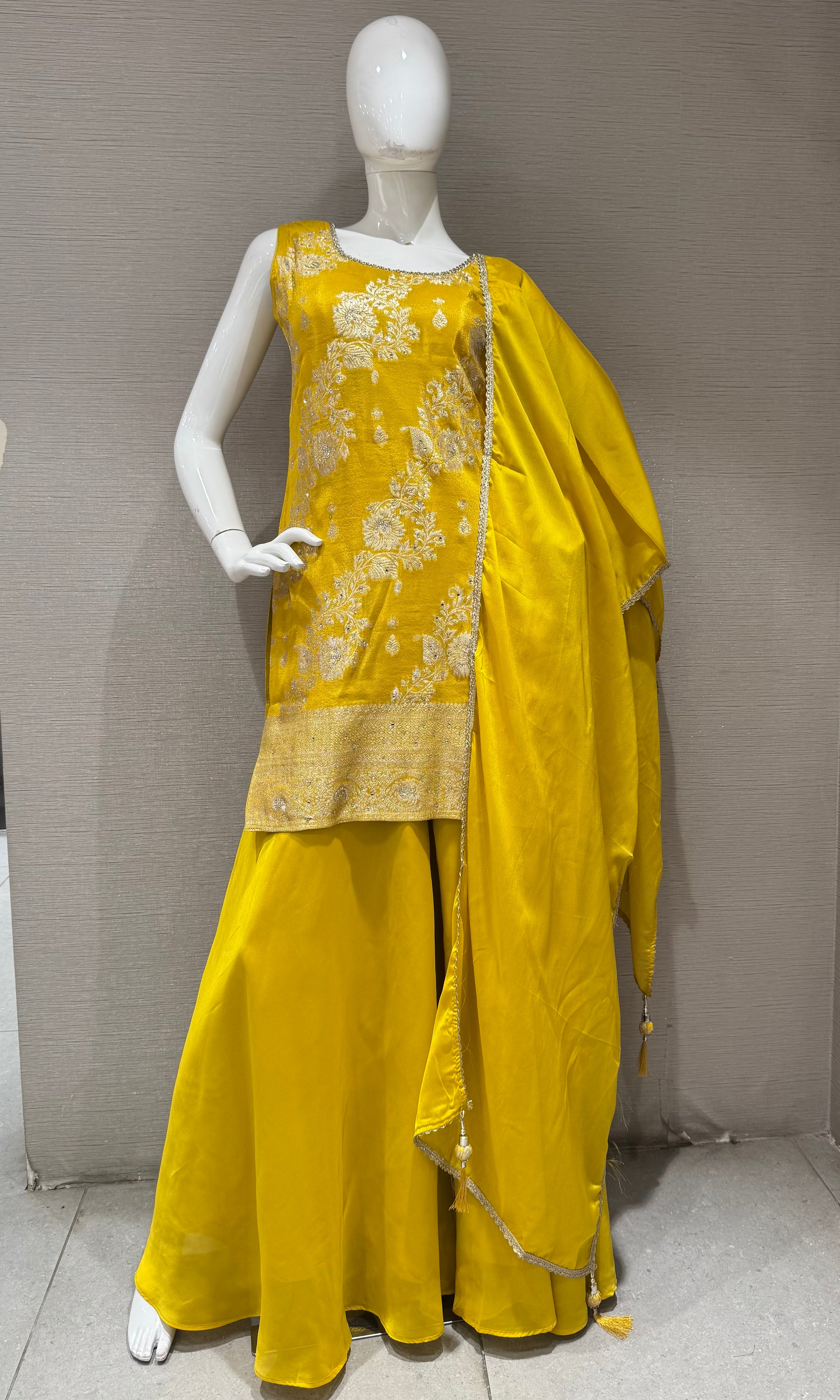 Vibrant Yellow Embroidered Sharara Set with Dupatta