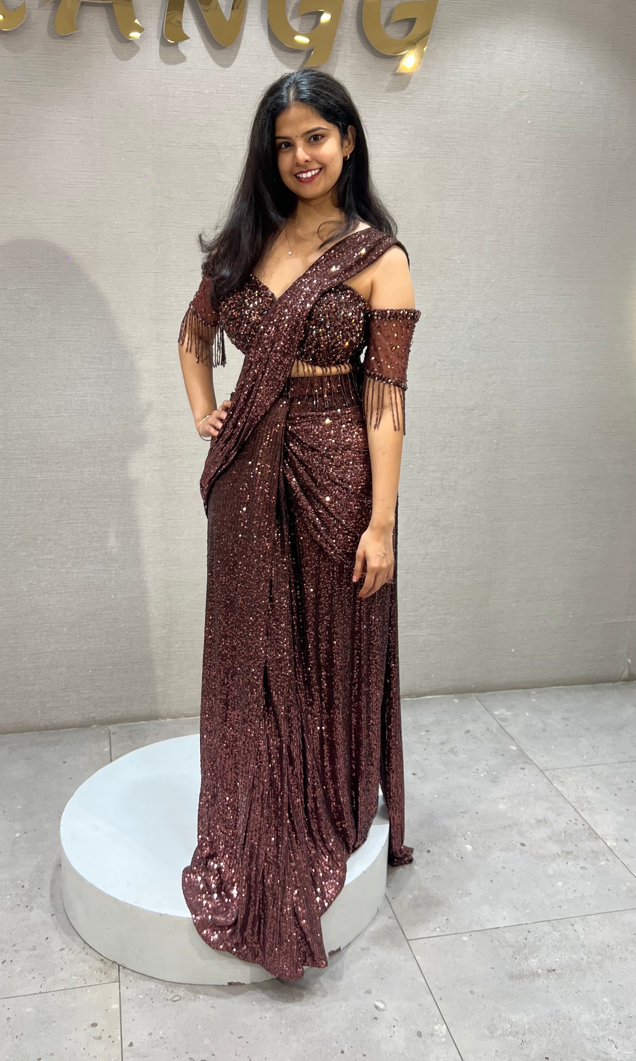 Copper Sequined Draped Saree with Off-Shoulder Blouse
