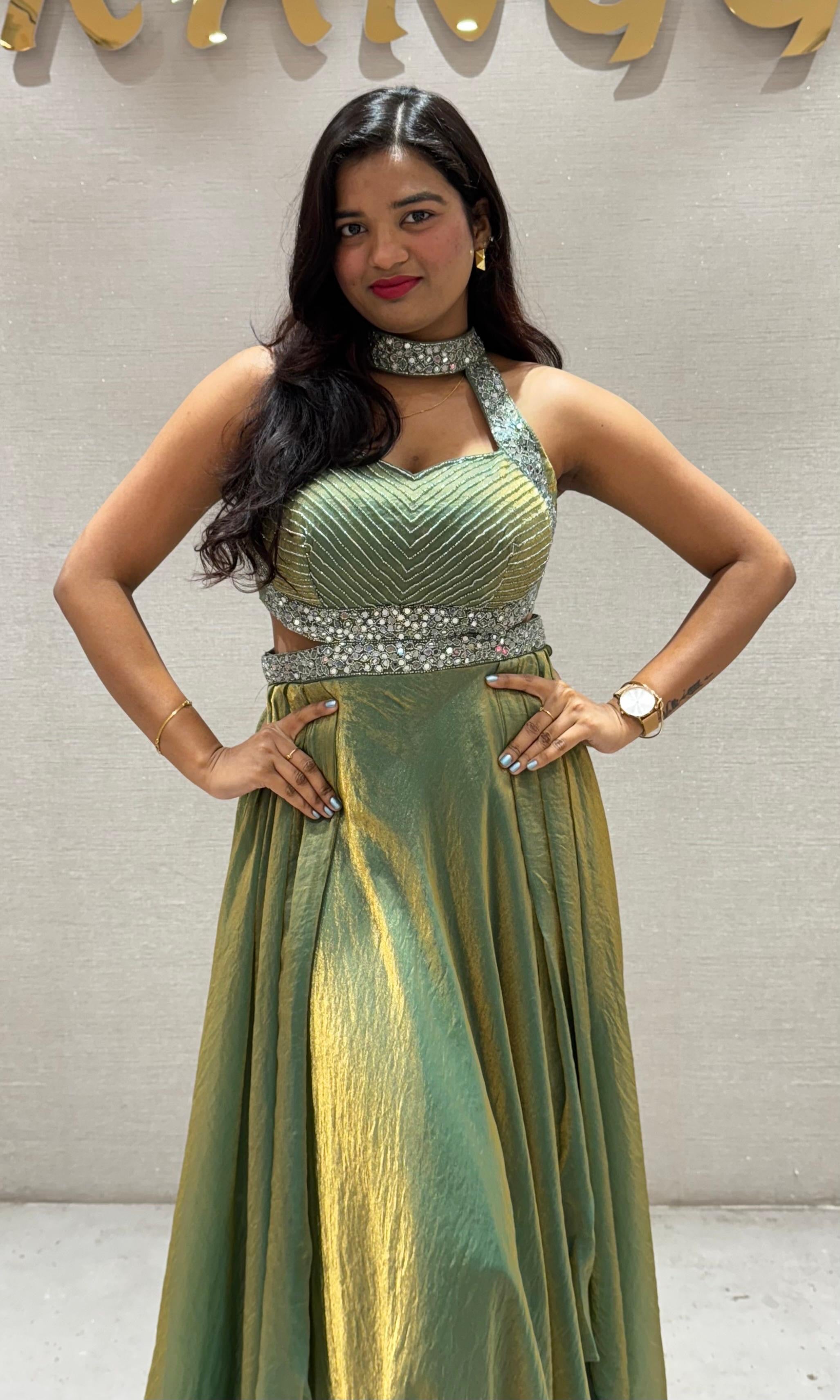 Green EMBROIDERED LONG GOWN DRESS