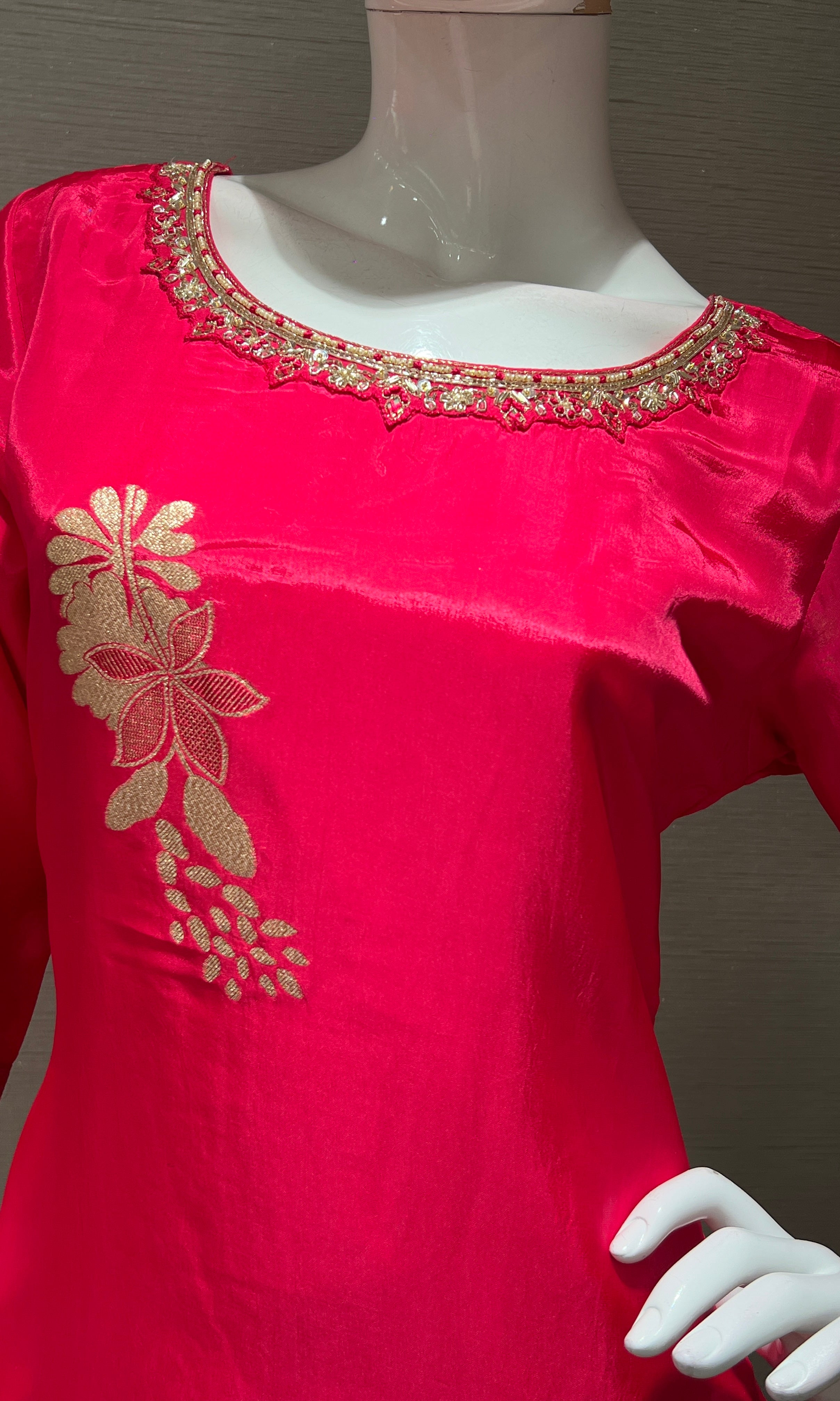 rani pink golden FLORAL kurta seT