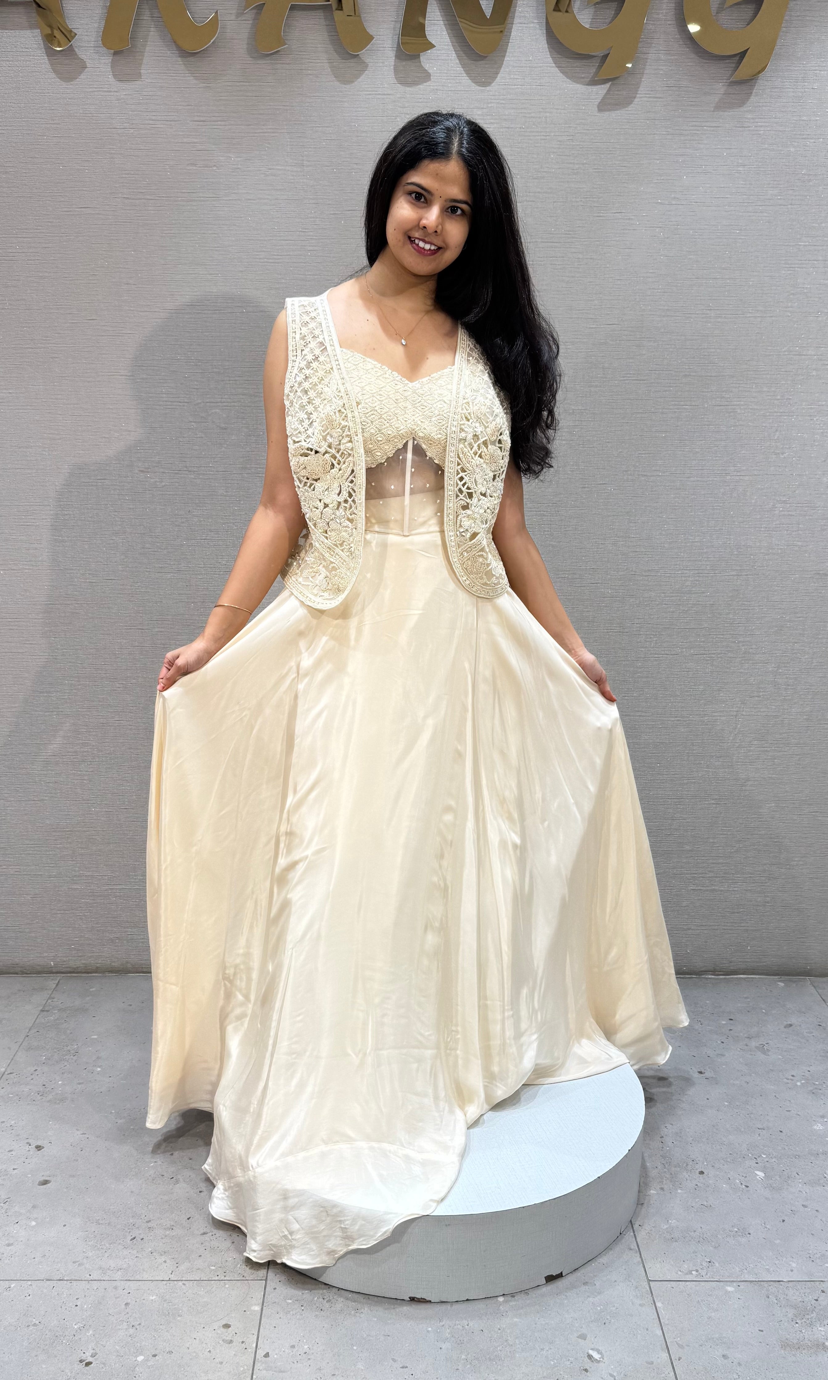 Cream Lehenga with Lace Top and Satin Skirt