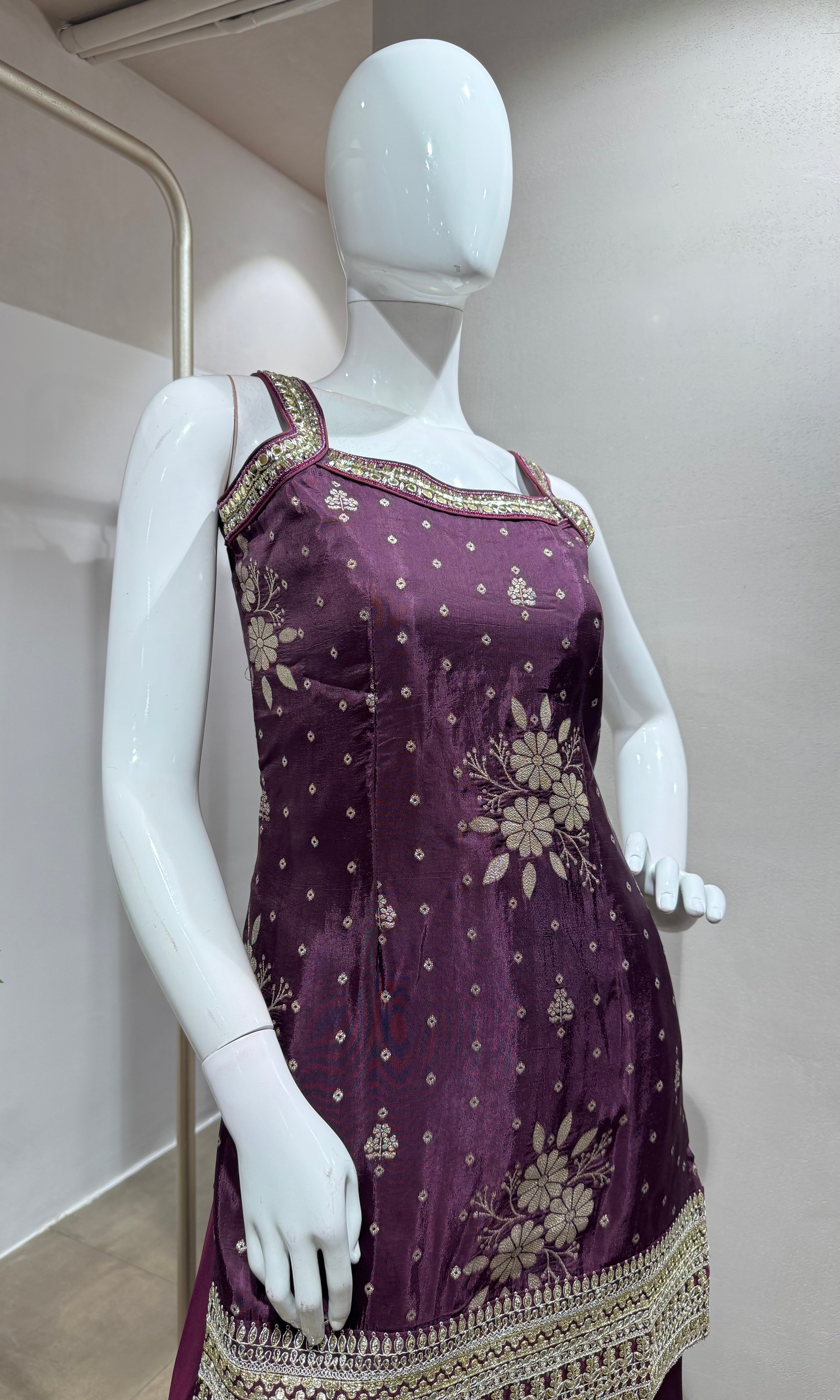 Wine Embroidered Georgette Sharara Set