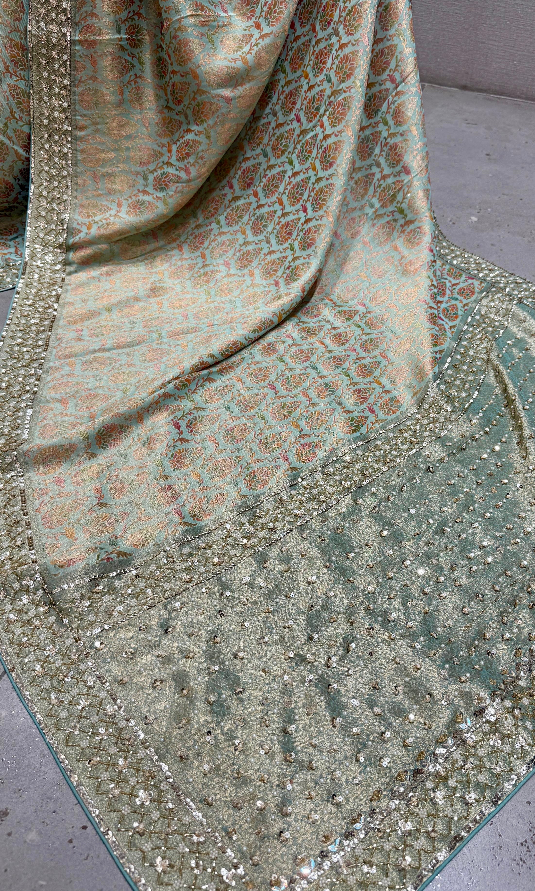 Pastel Sage Green Banarasi saree with ready blouse