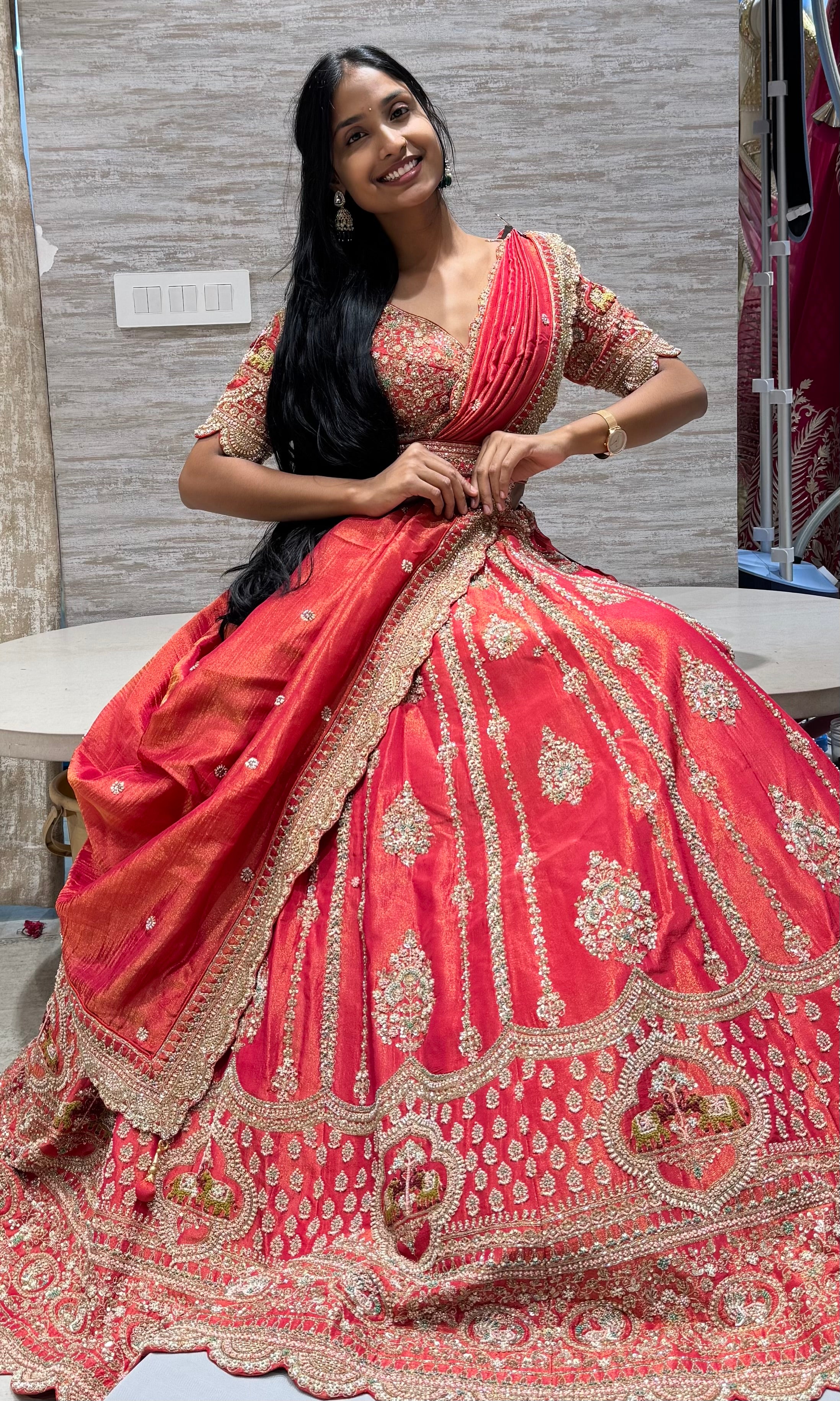 Red Embellished Bridal Lehenga with Belt