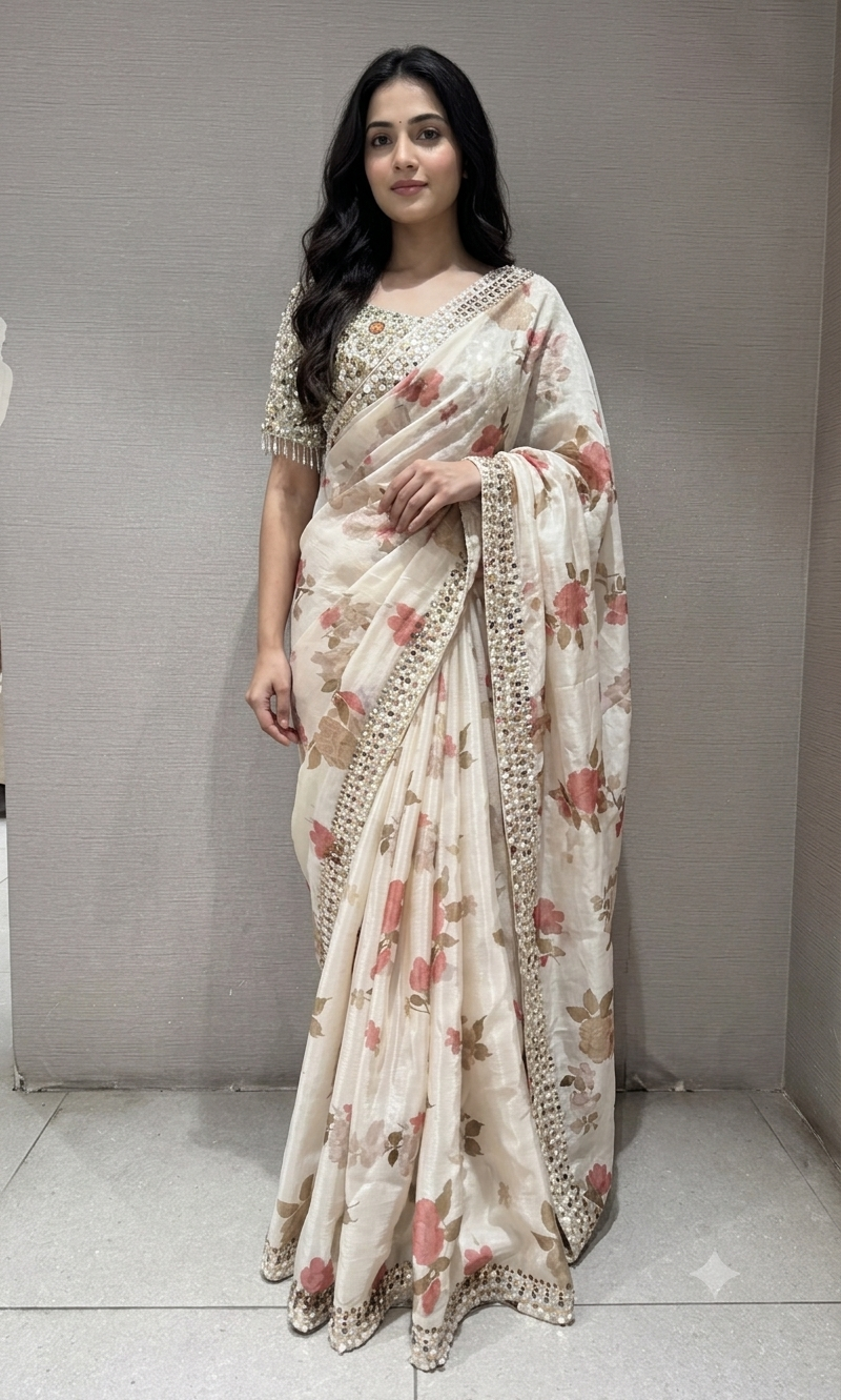 Cream elegant floral saree with embellished blouse