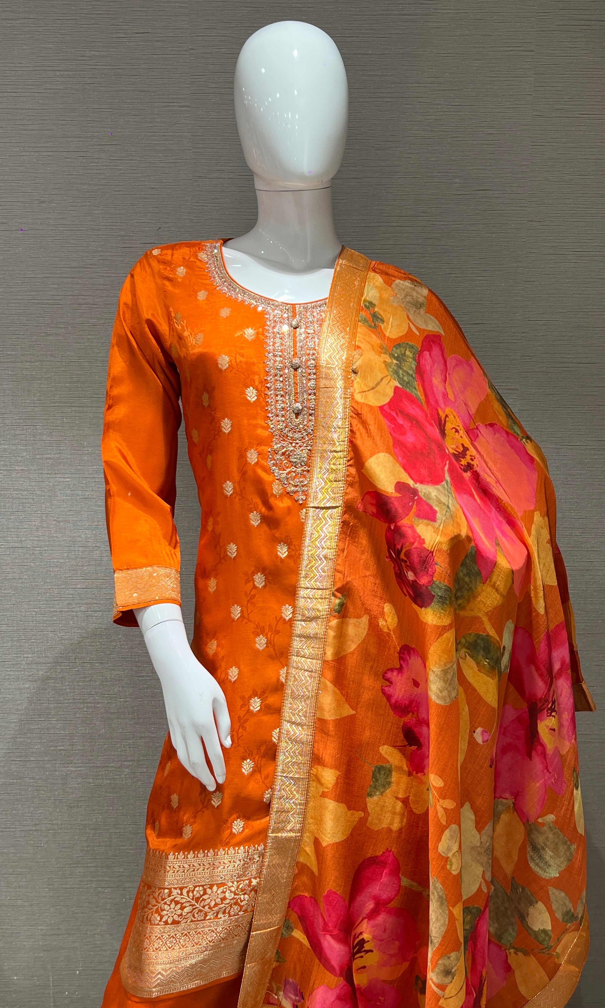 Orange EMBROIDERED kurta set WITH PALAZZO PANTS