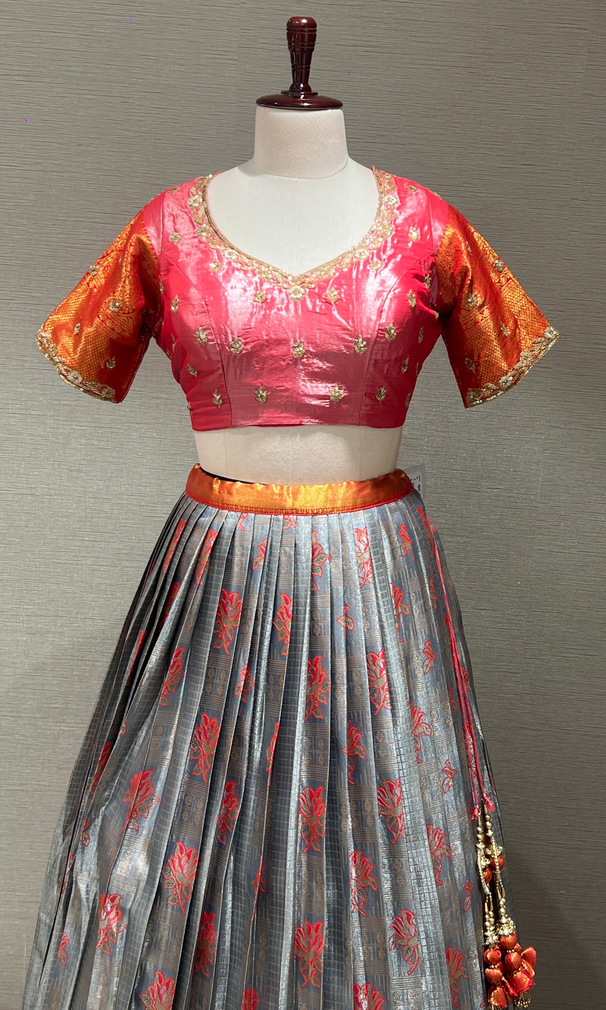 Rani pink AND Grey Floral lehenga