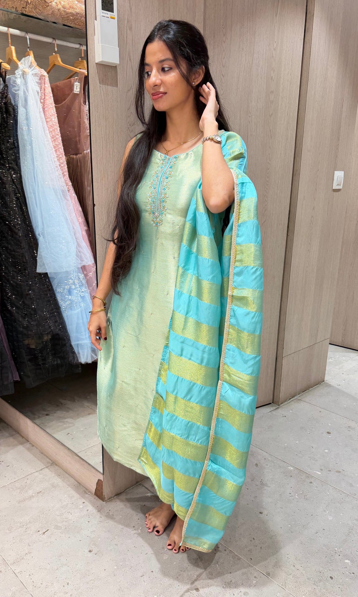 Sea Blue Banarasi silk Kurta Set with Patterned Dupatta