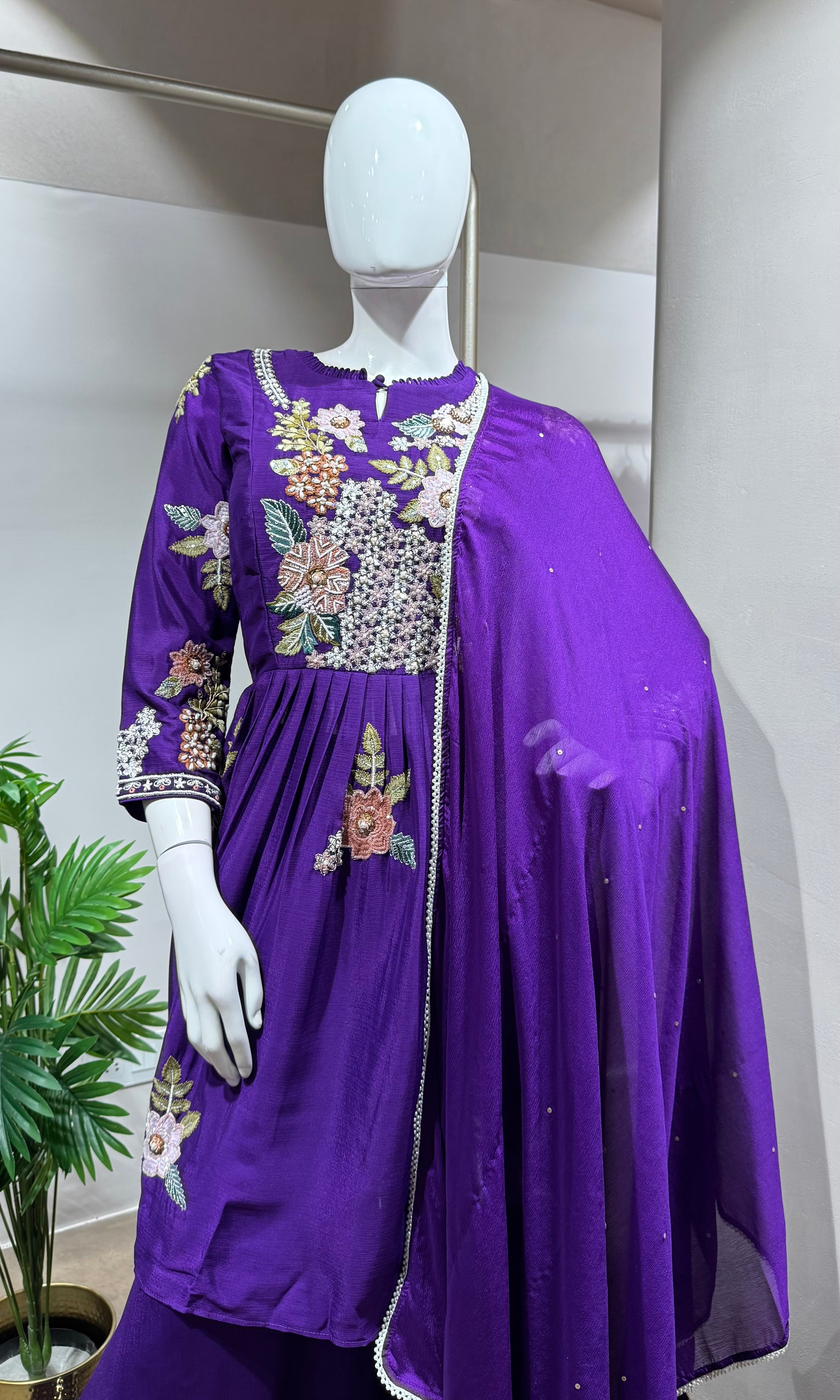 PURPLE peplum embroidered palazzo set