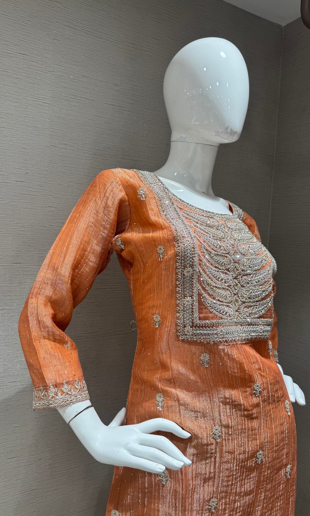 Peach Shimmer Embroidered Kurta Set with Sheer Dupatta