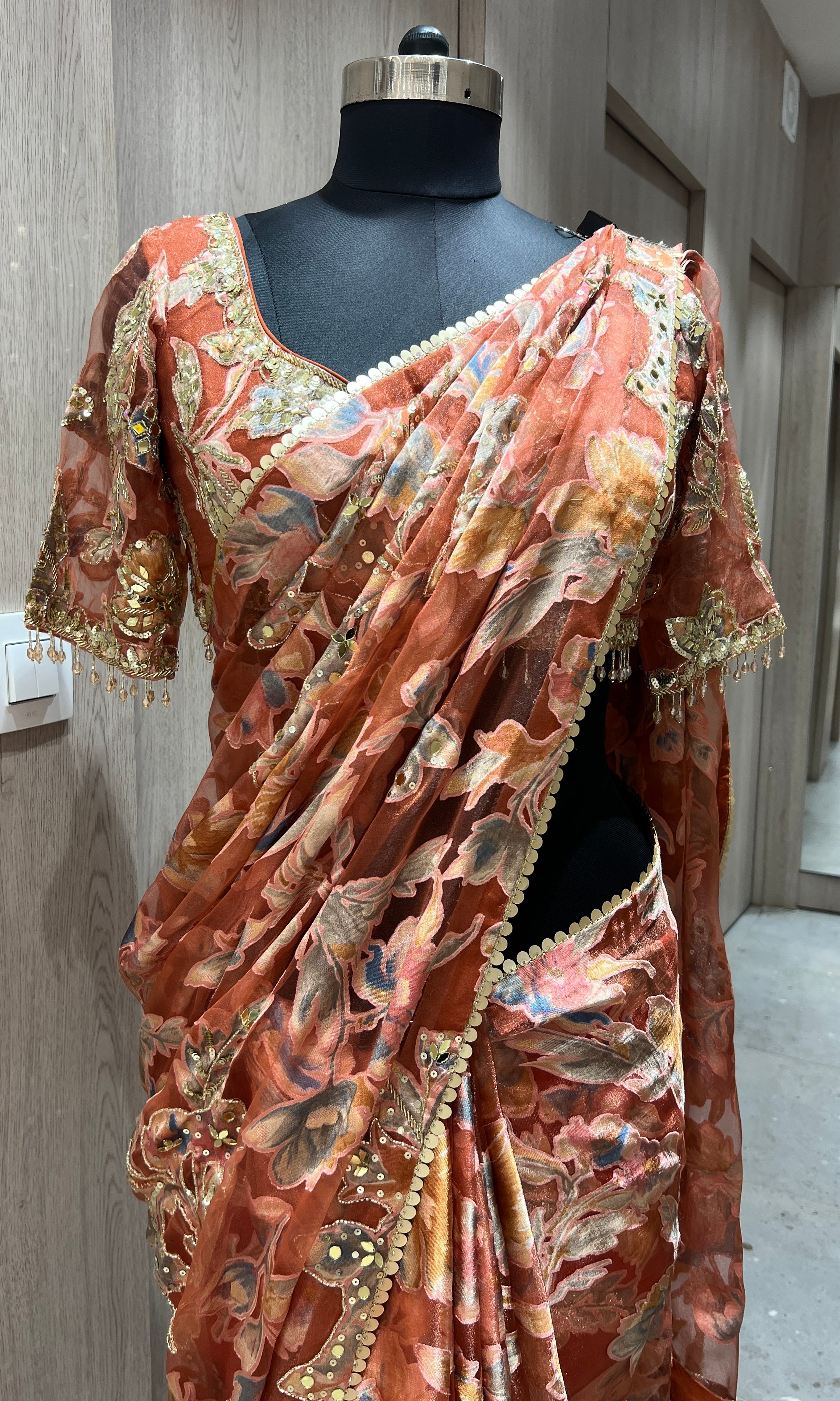 Rust orange saree with ready blouse