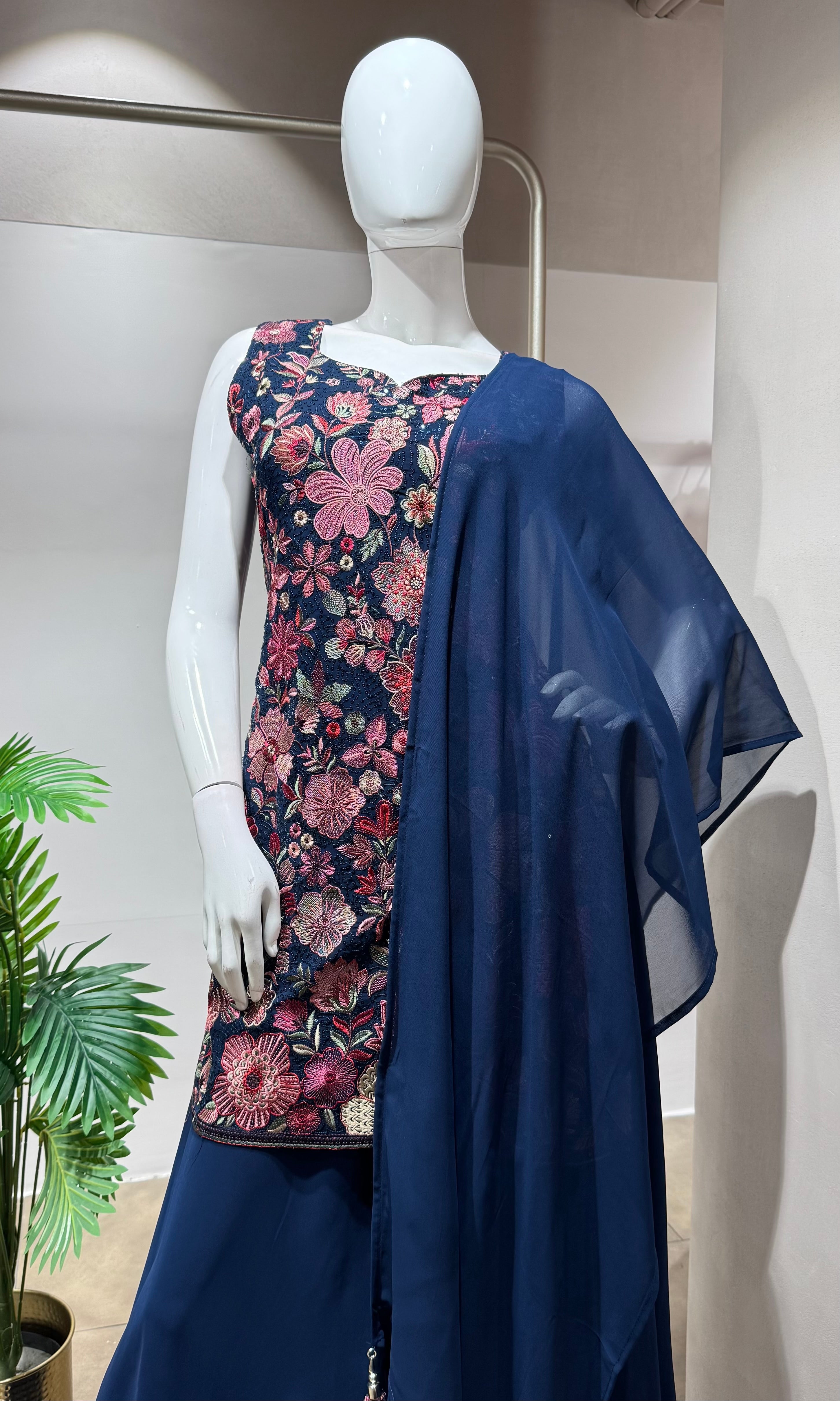 Blue floral embroidery palazzo