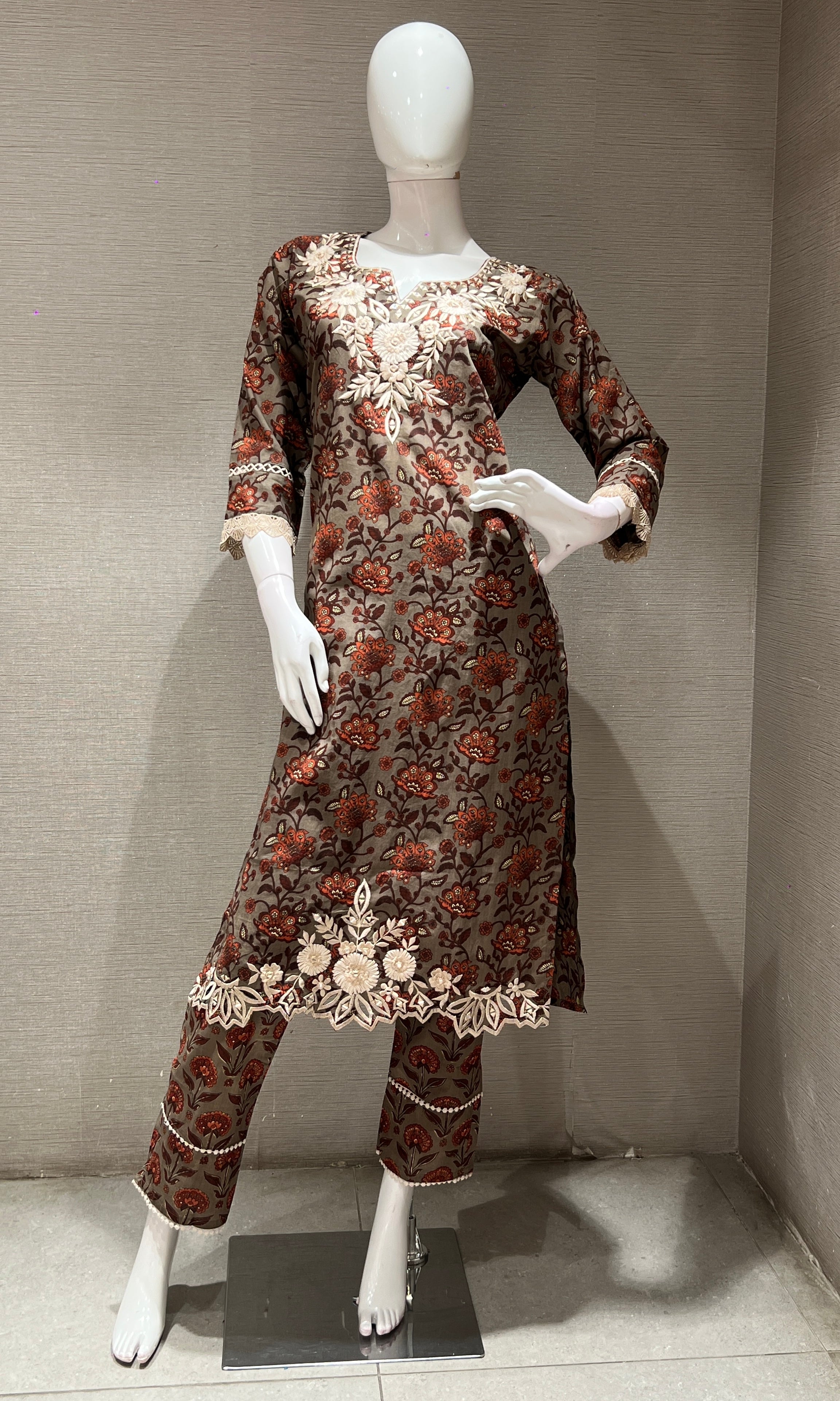 GREY AND orange printed EMBROIDERED KURTA SET