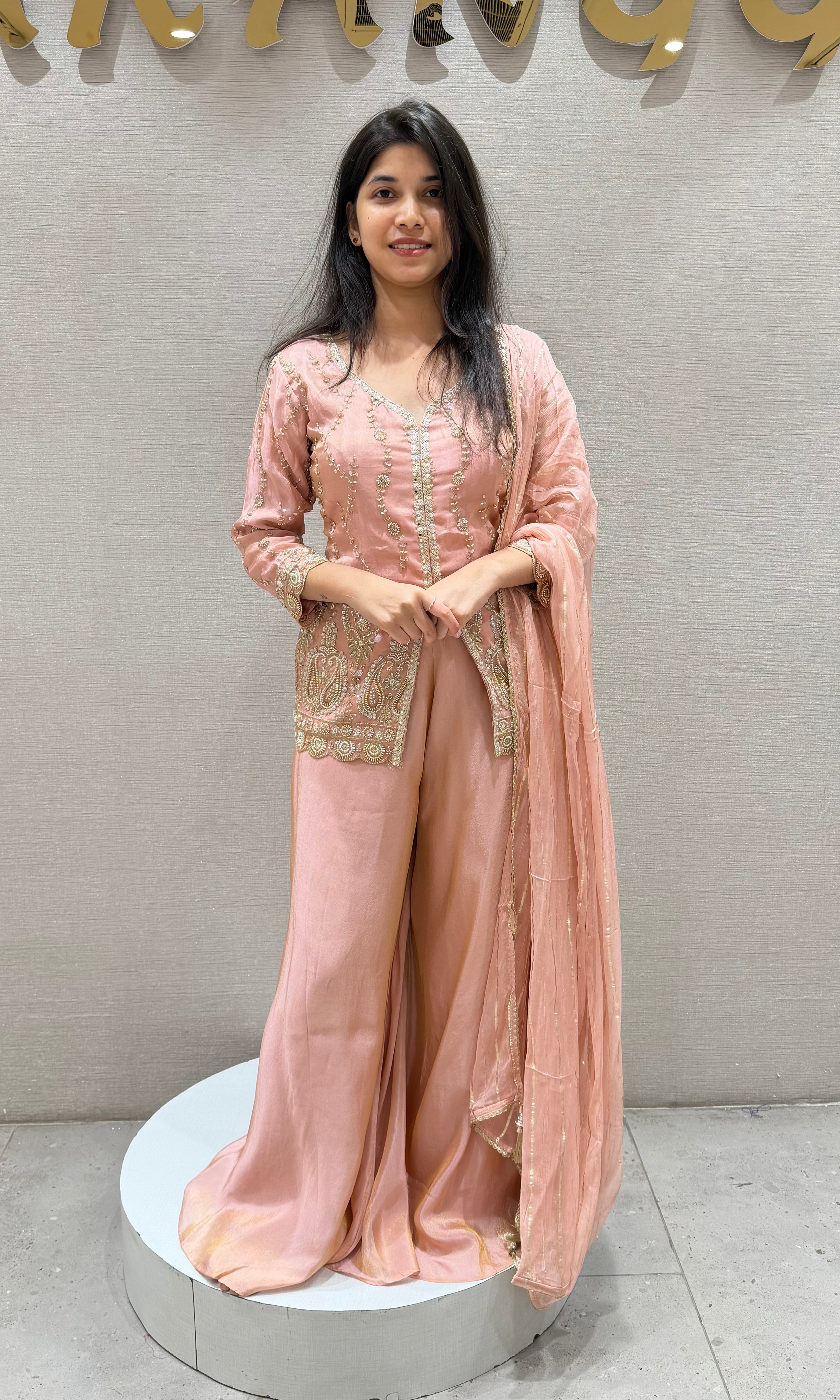 Peach EMBROIDERED PEPLUM PALAZZO SET