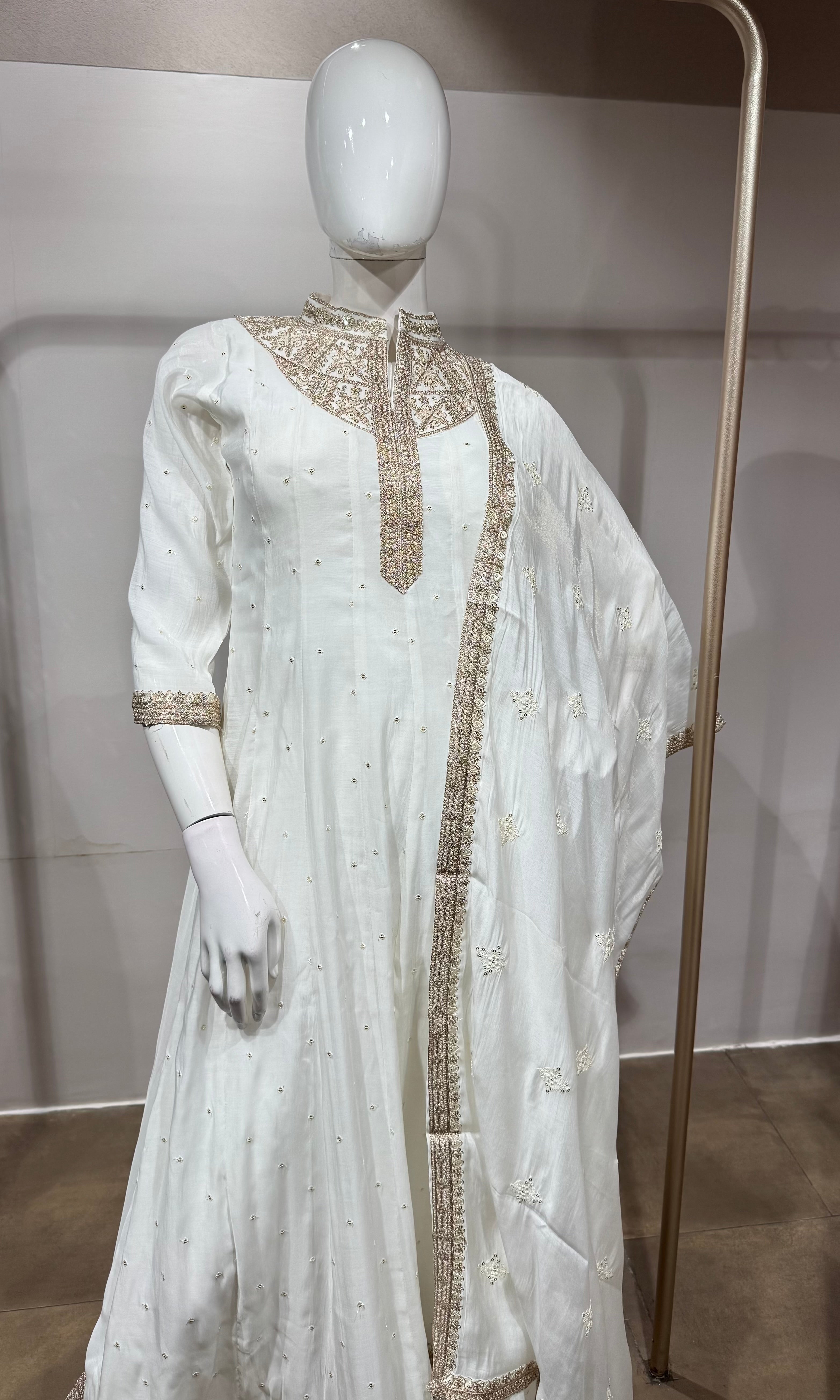 White Golden Embroidered Anarkali set
