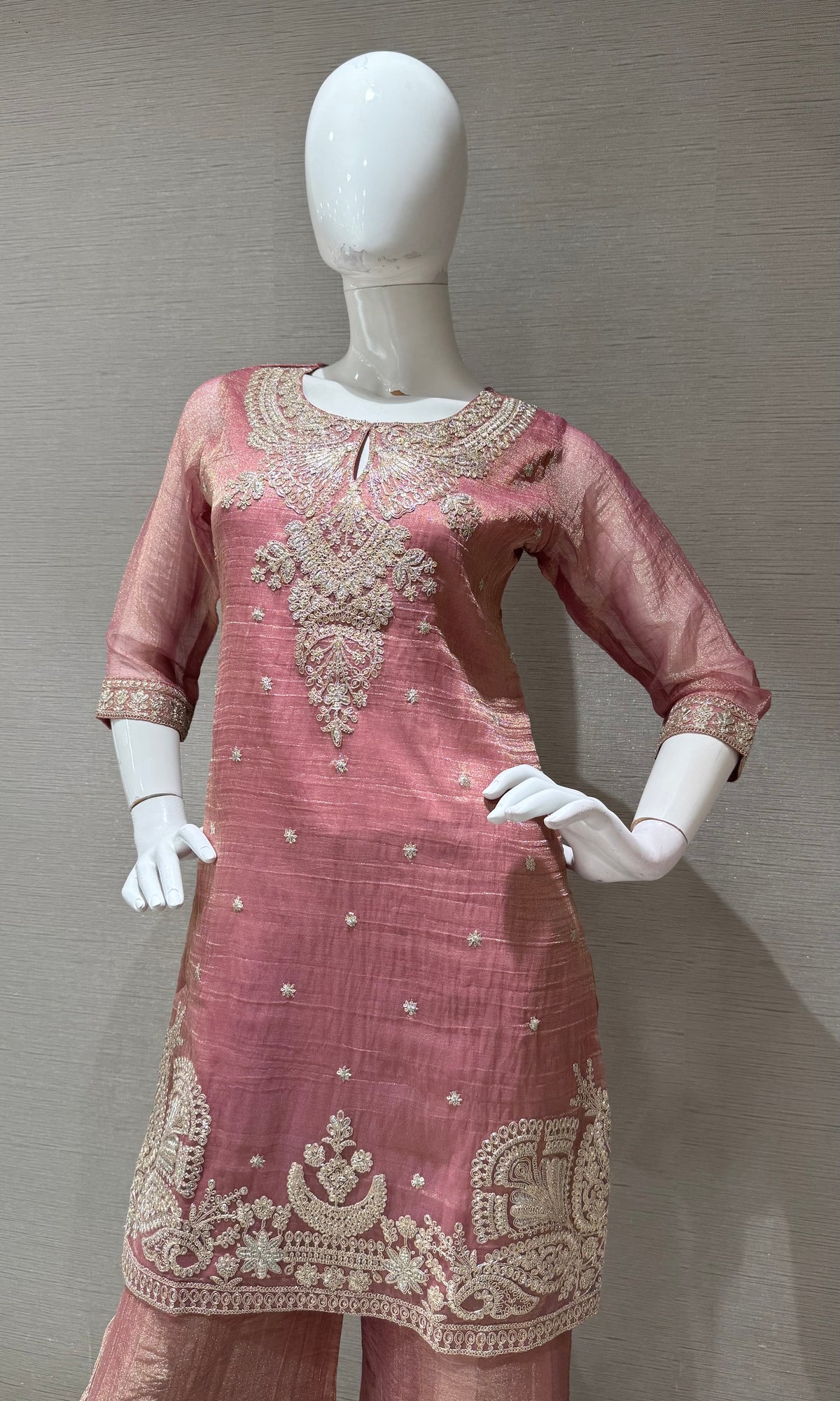 Pink Tissue Silk embroidered sharara set with dupatta