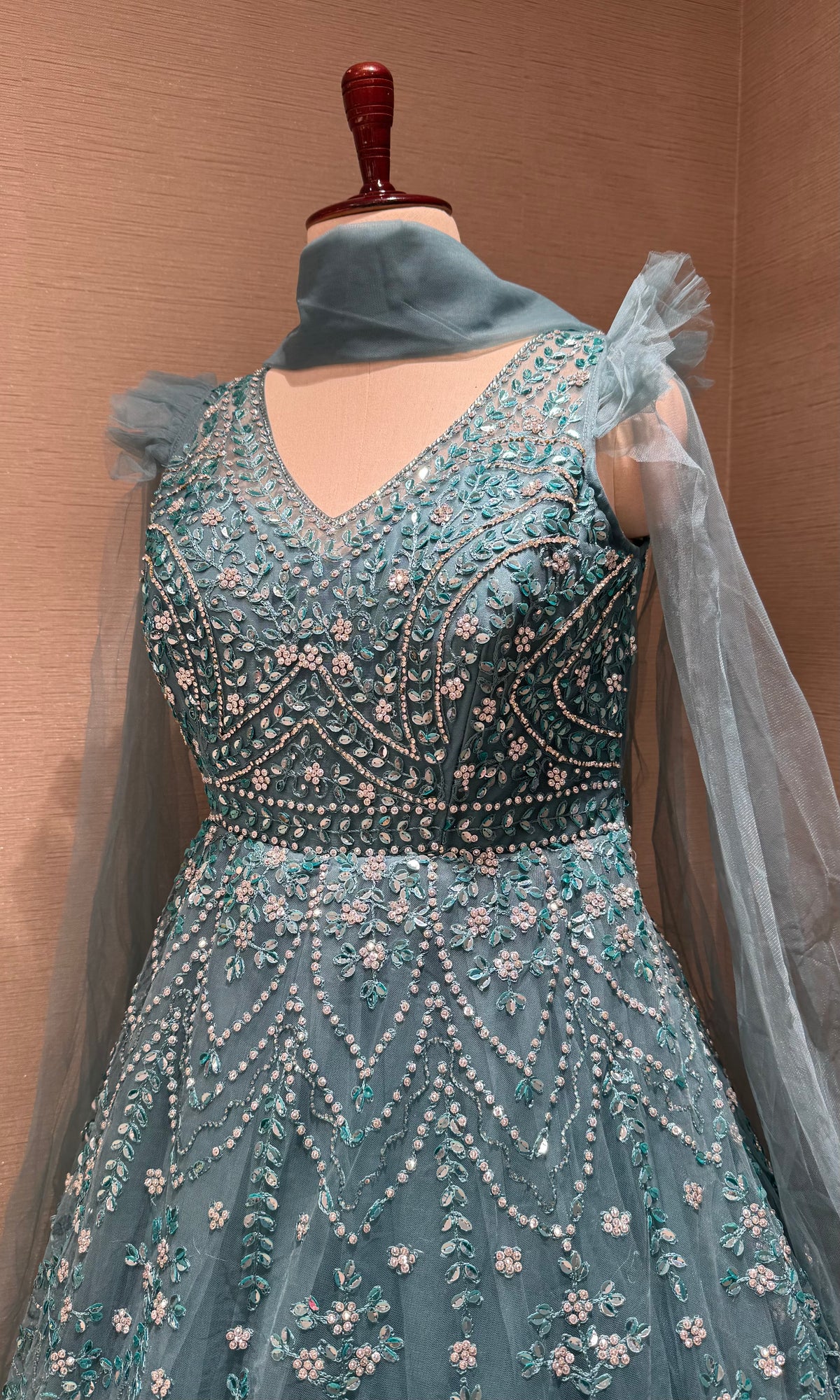 Sage Green Floral Embellished Tulle Ball Gown