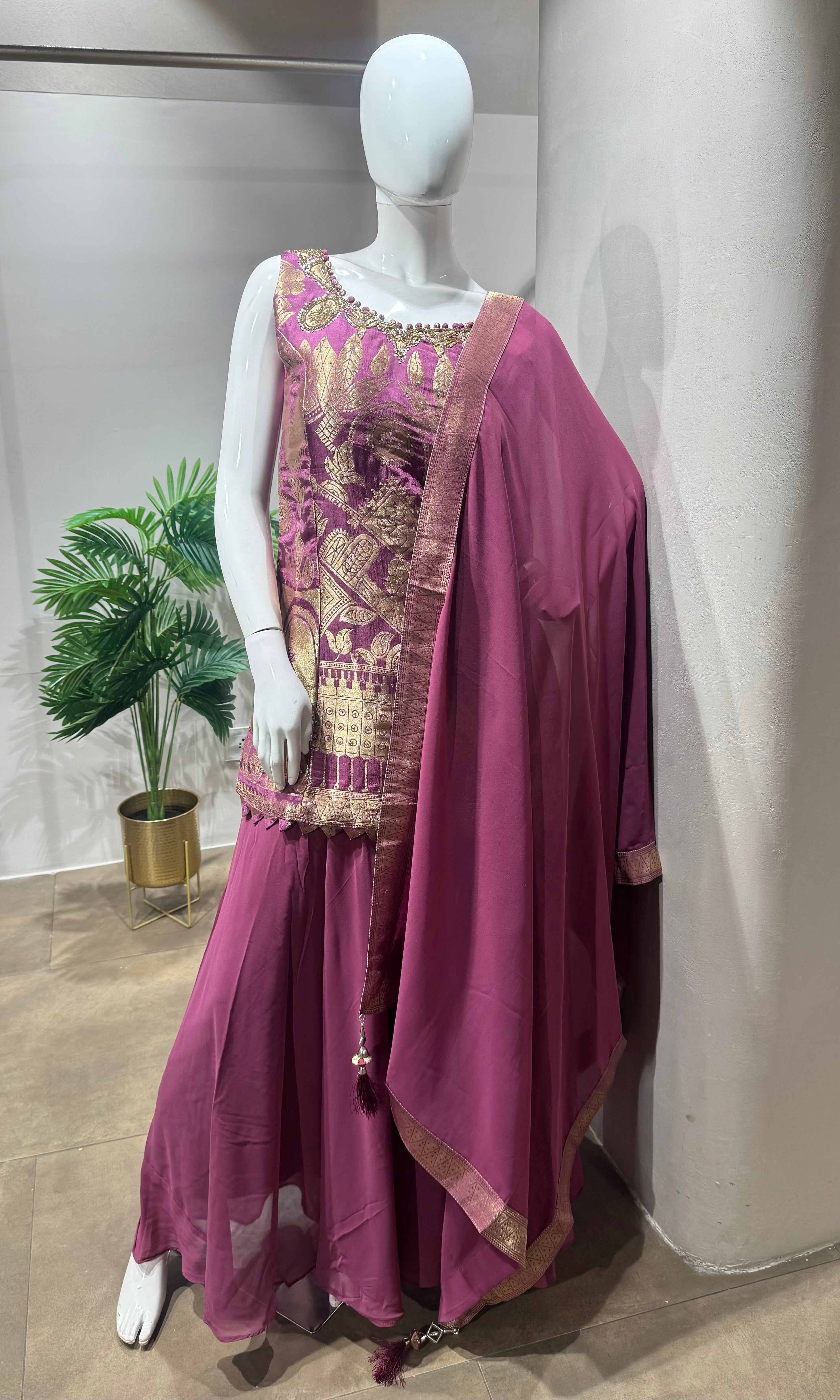 wine golden zari embroidered sharara set