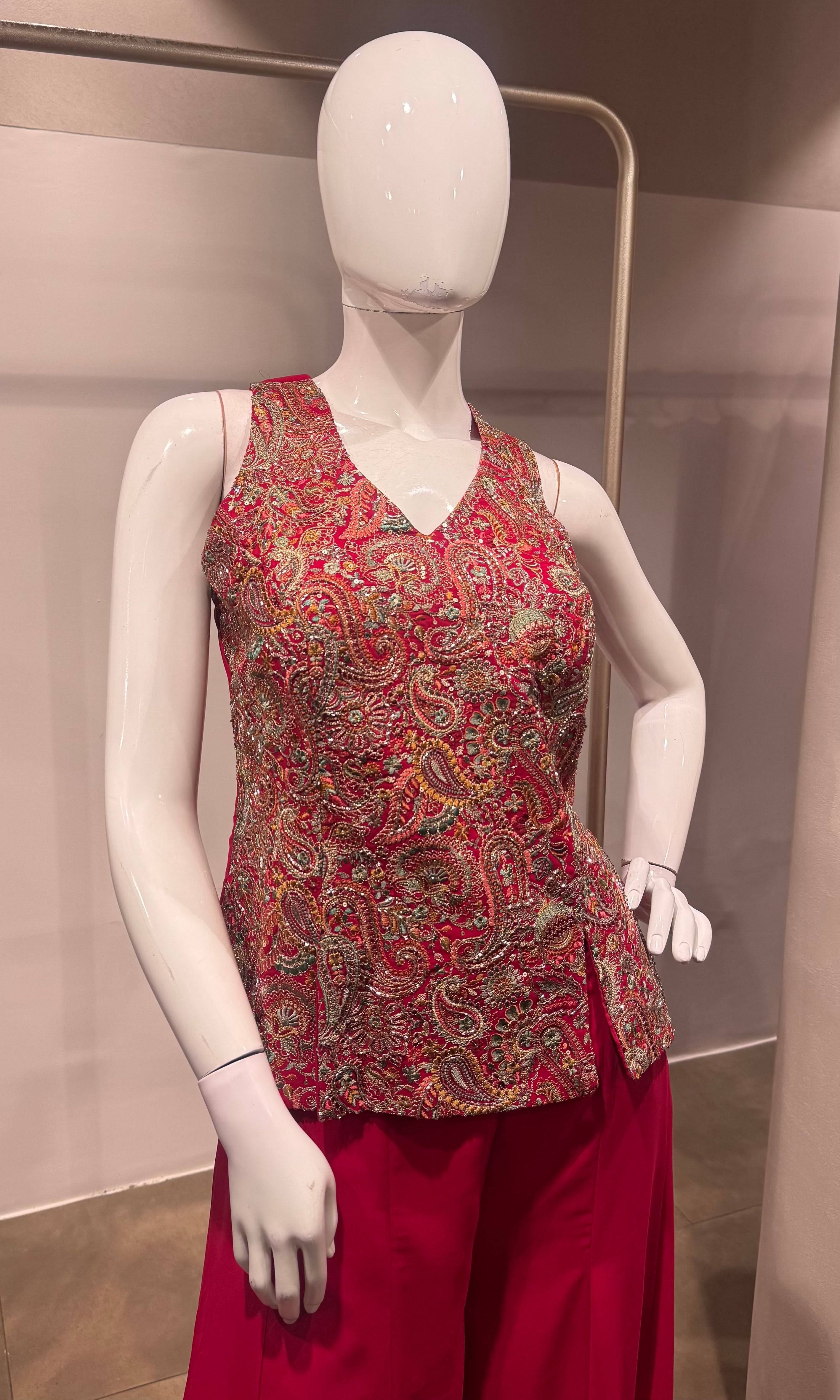 Pink Embroidered Peplum Palazzo Set