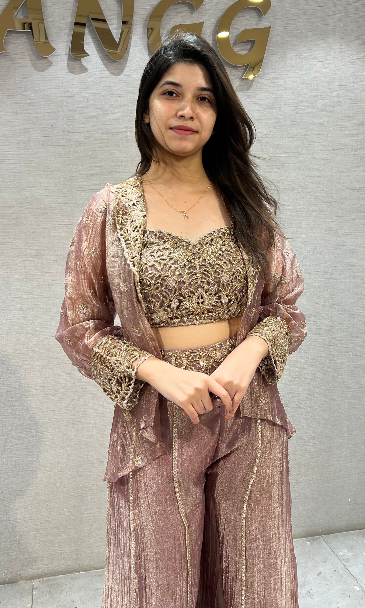 Elegant Rose Gold Shimmer Crop top Palazzo Set