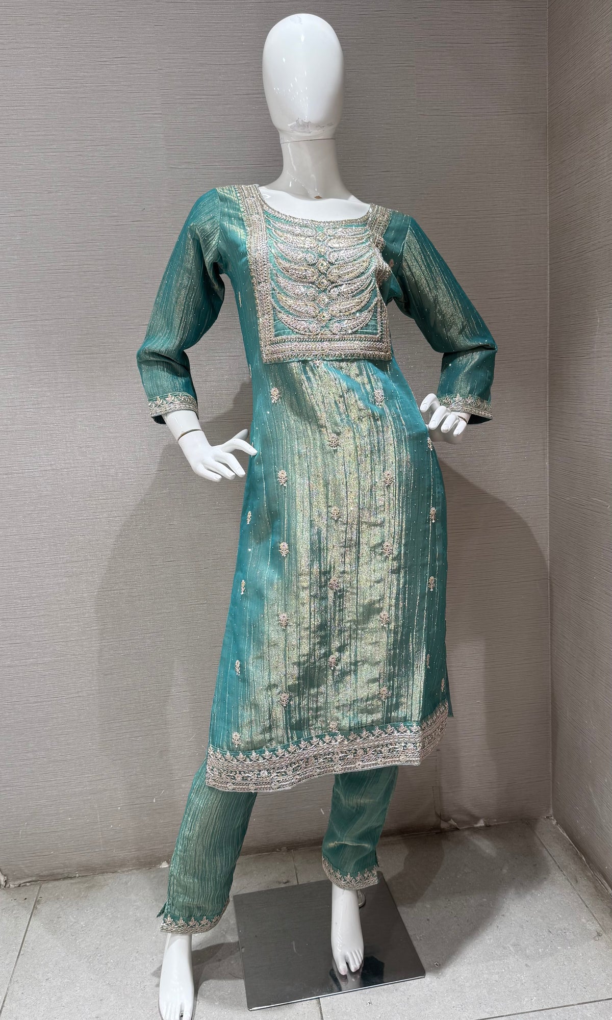 Green Shimmer Kurta Set with Gold Embroidery and Dupatta