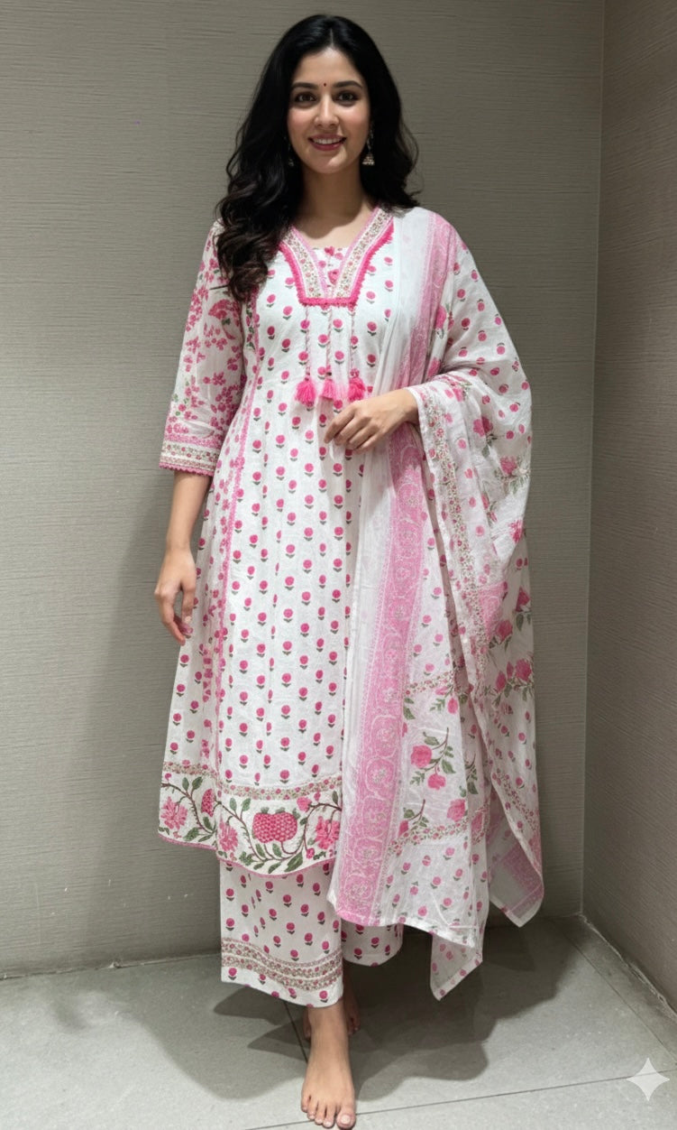 White ROSE FLORAL KURTA SET WITH PALAZZO PANTS