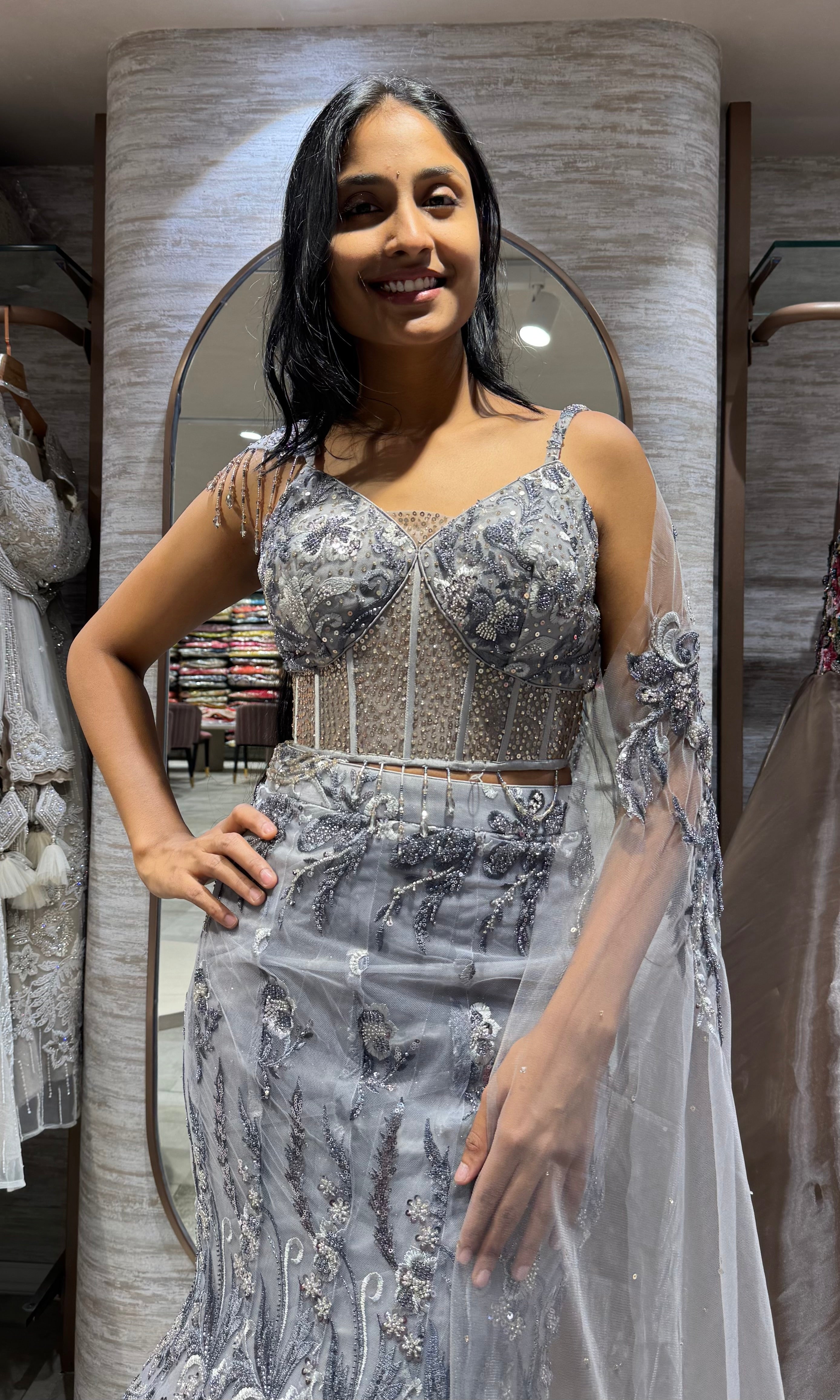 Grey Shimmer Sequins Embroidery Lehenga