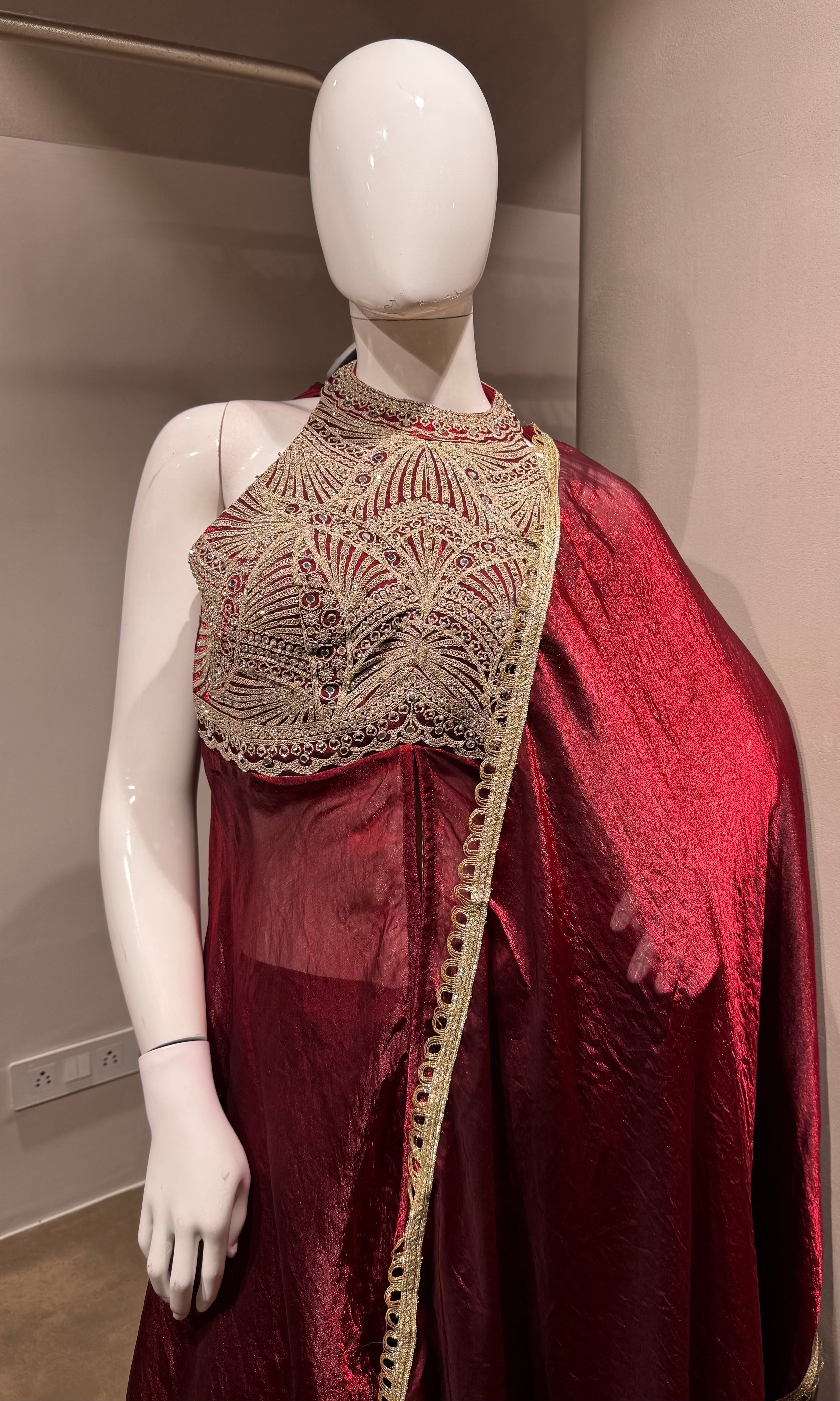 MAROON halter neck embroidered anarkali set