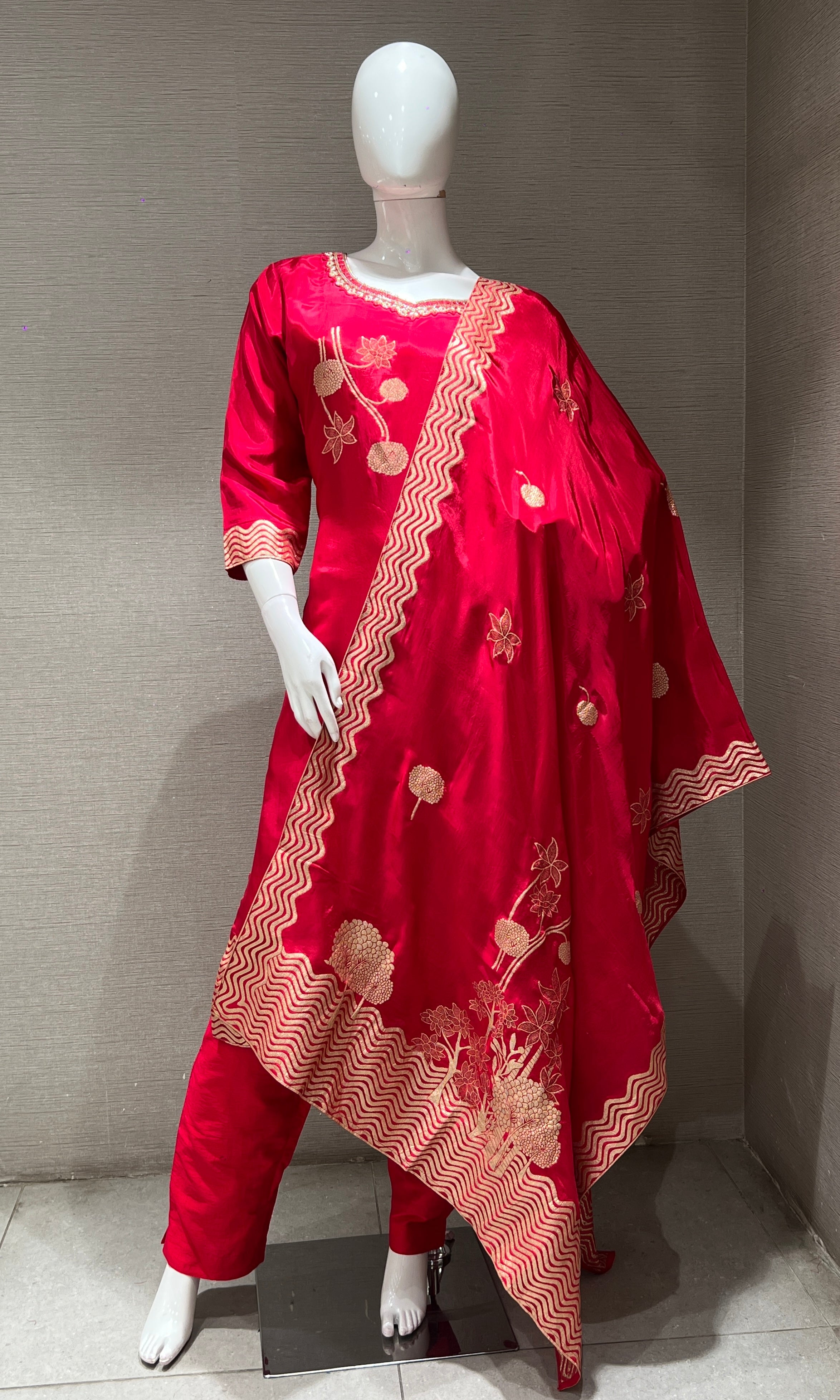 Rani Pink golden embroidered kurta set