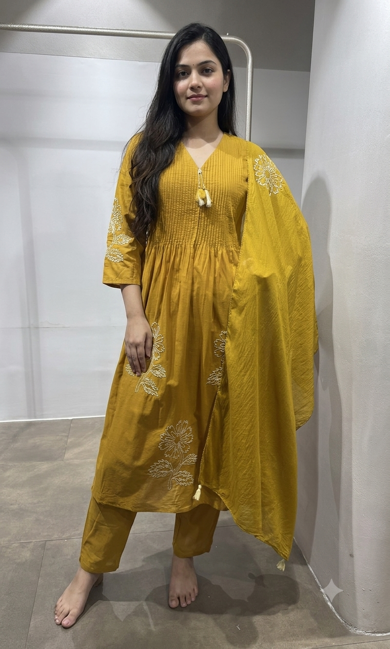 Mustard Embroidered Kurta Set with Dupatta