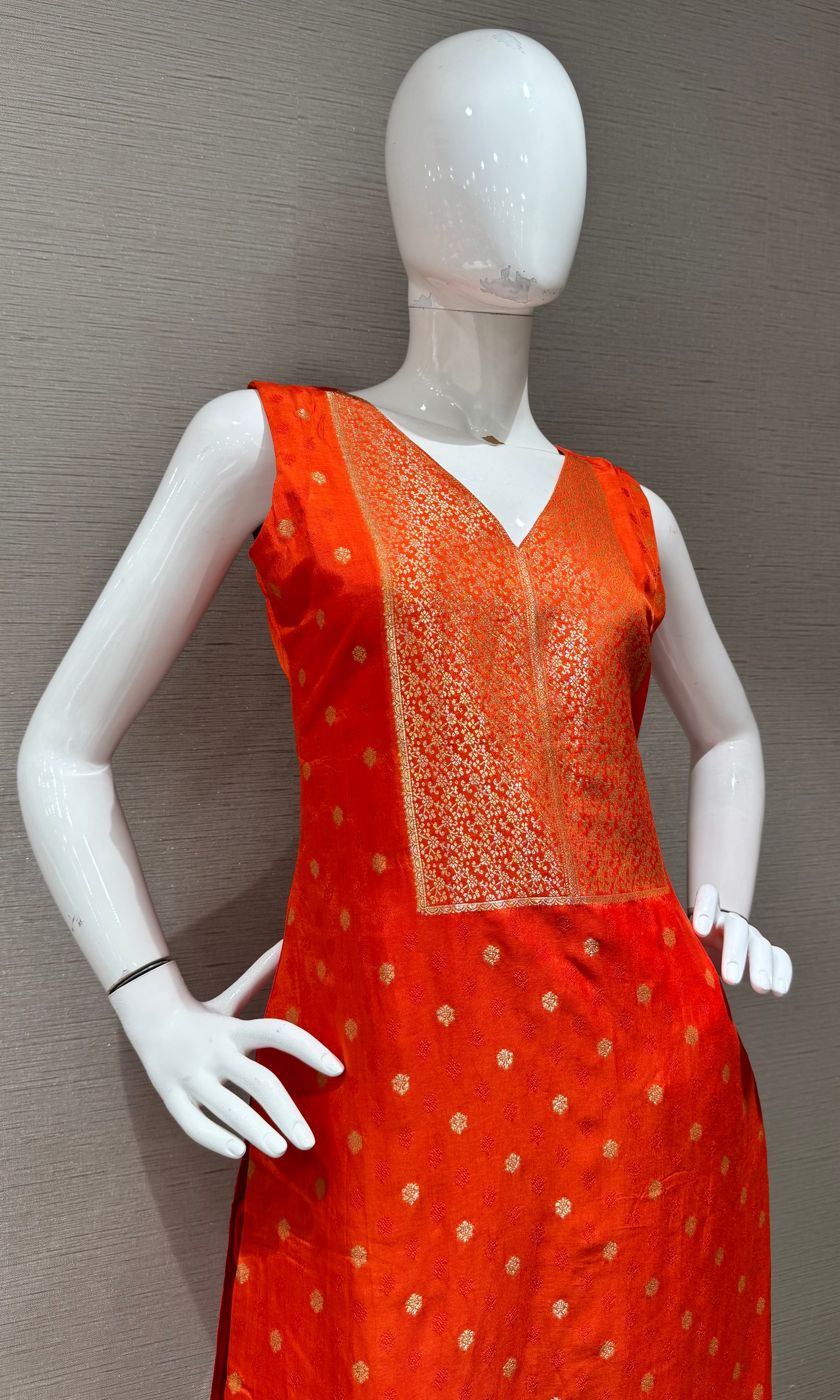 Orange Banarasi silk Kurta set with Golden Border dupatta