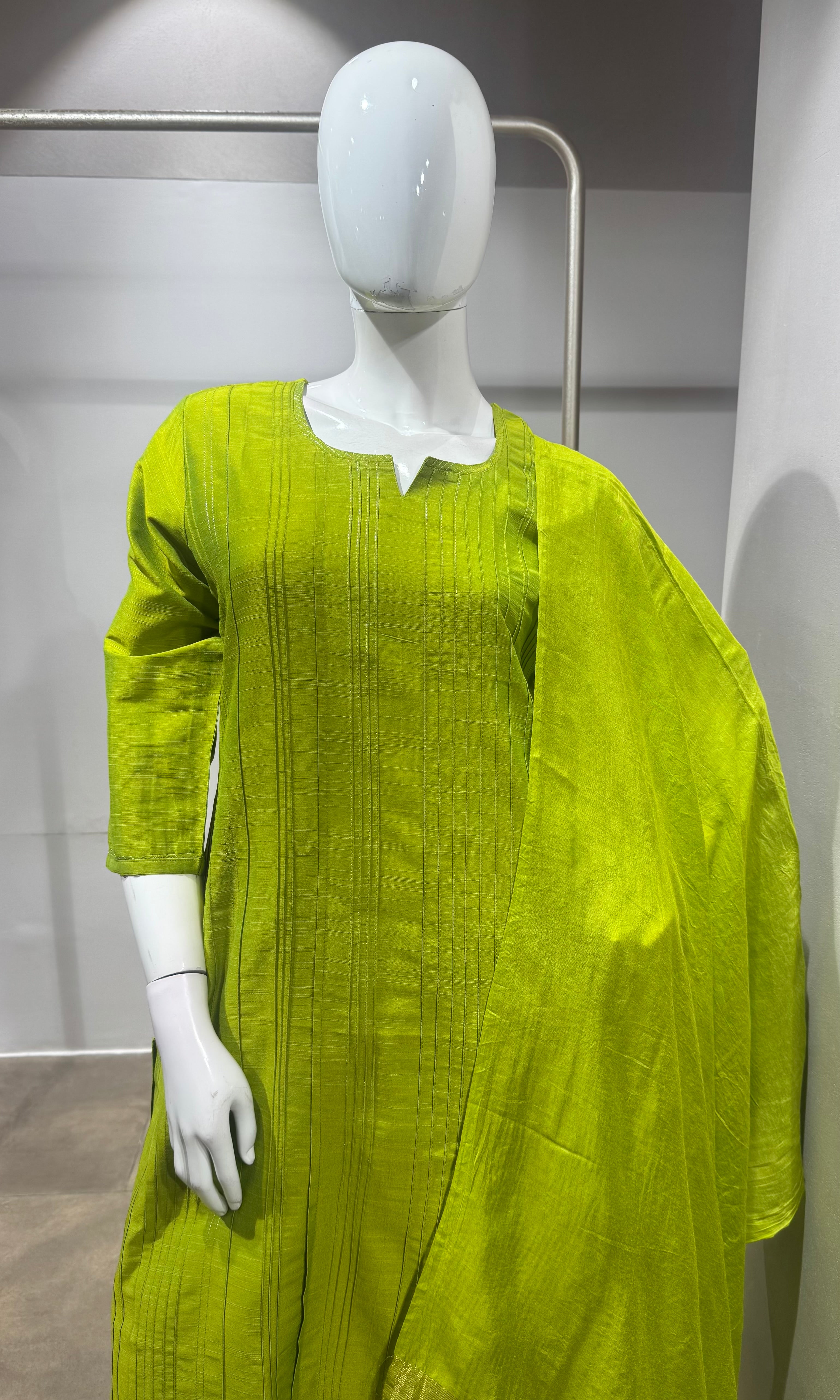 Green Silk Blend Straight Kurta Pant Set with Dupatta