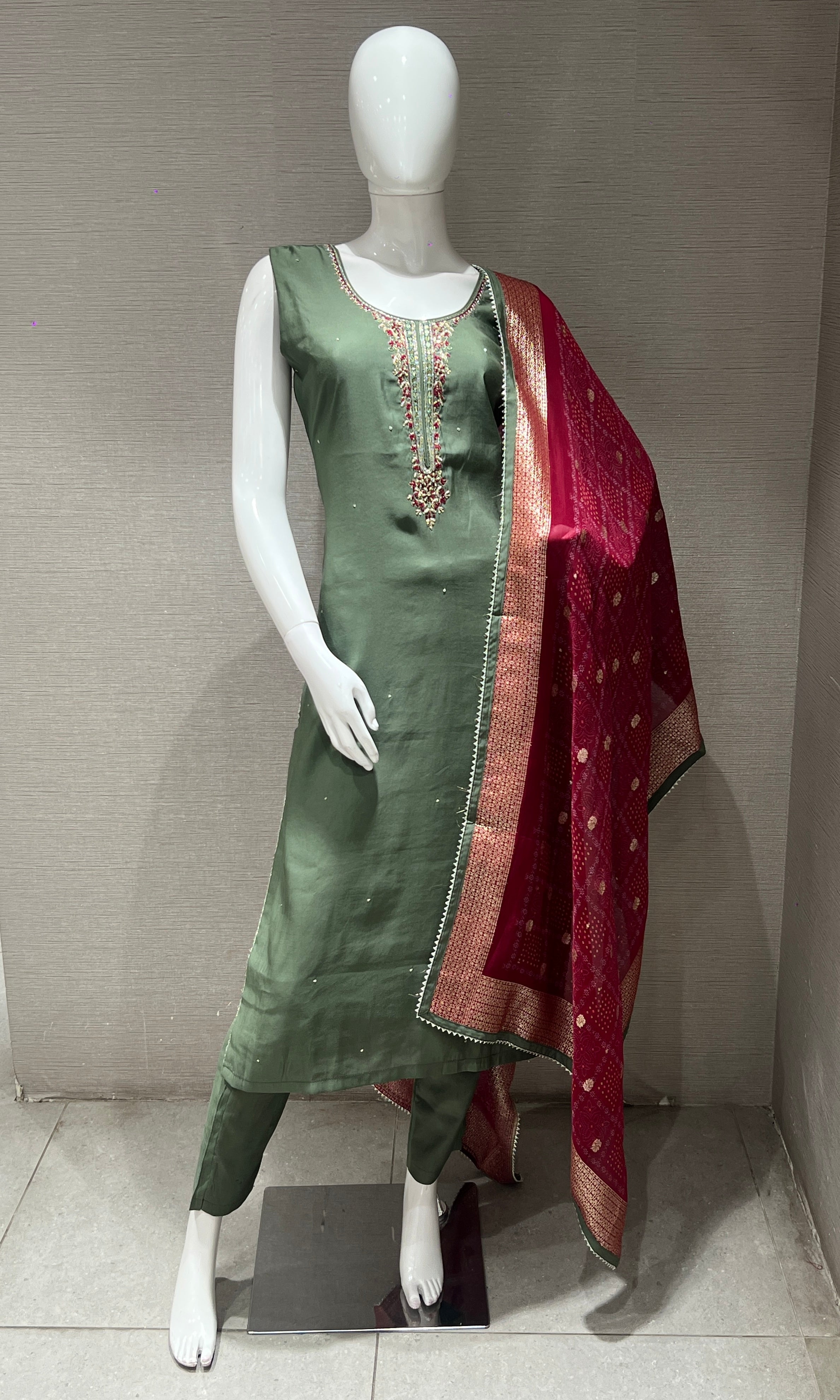 Green Embroidered Kurta Set with Woven Dupatta