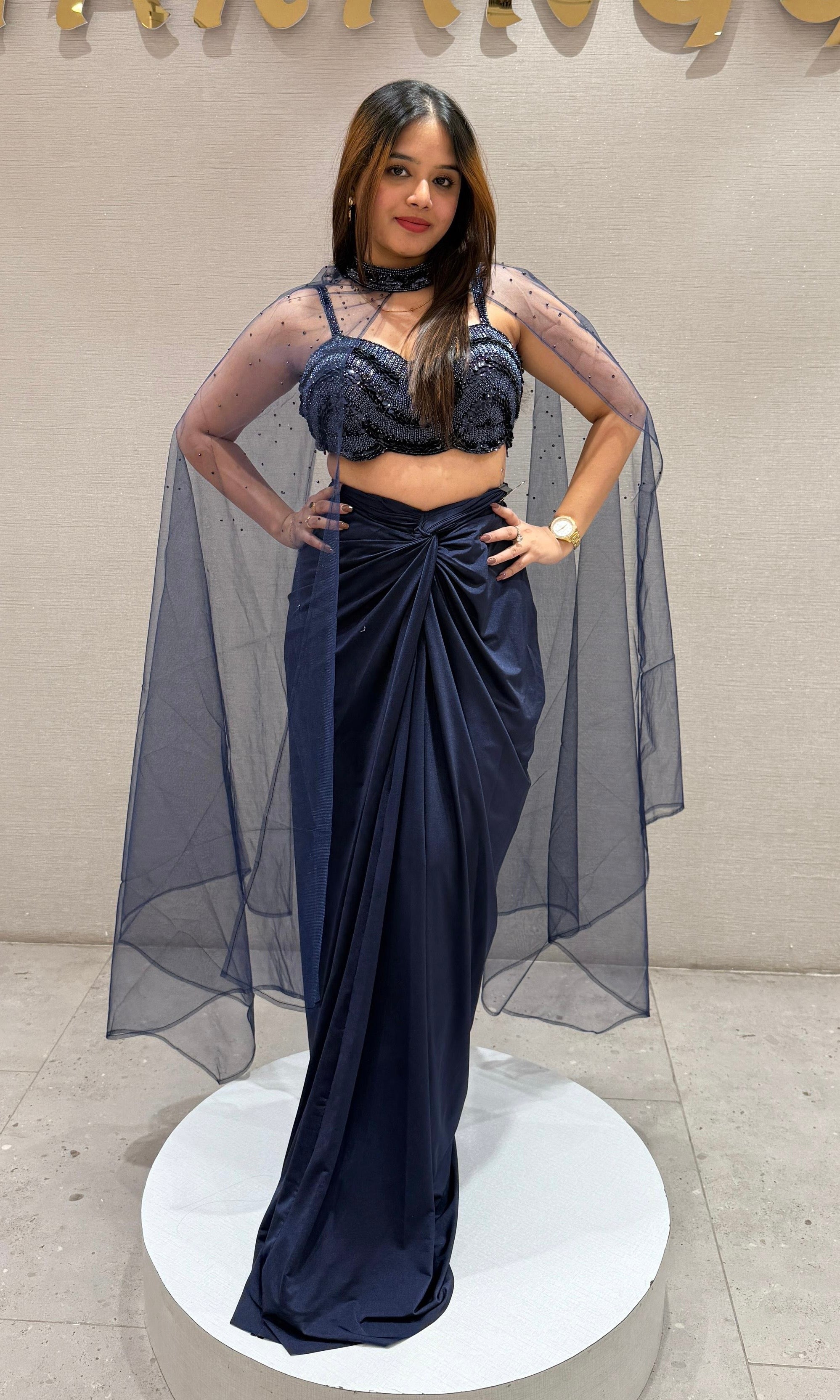 Navy blue 3 piece drape skirt dress