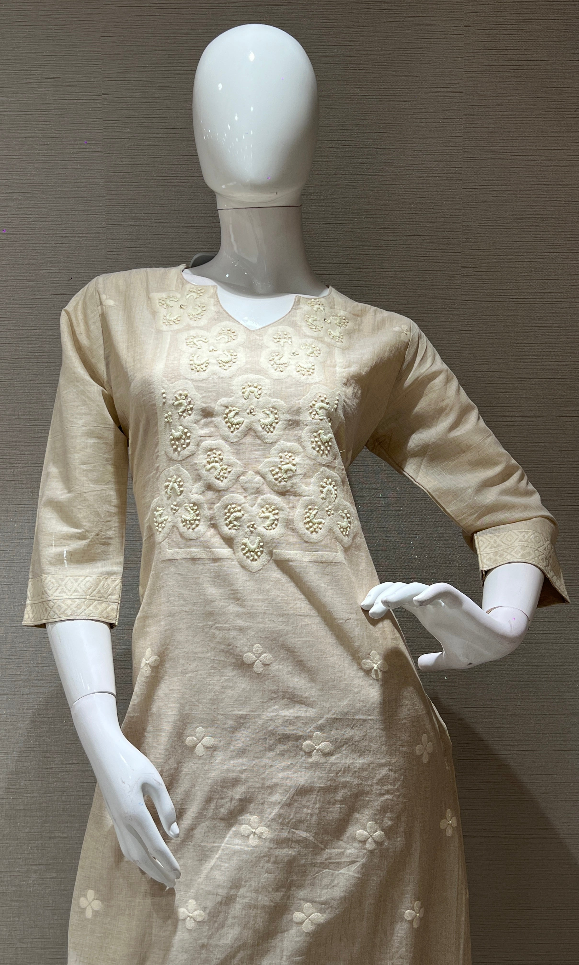 Cream Thread Embroidery Kurta Set