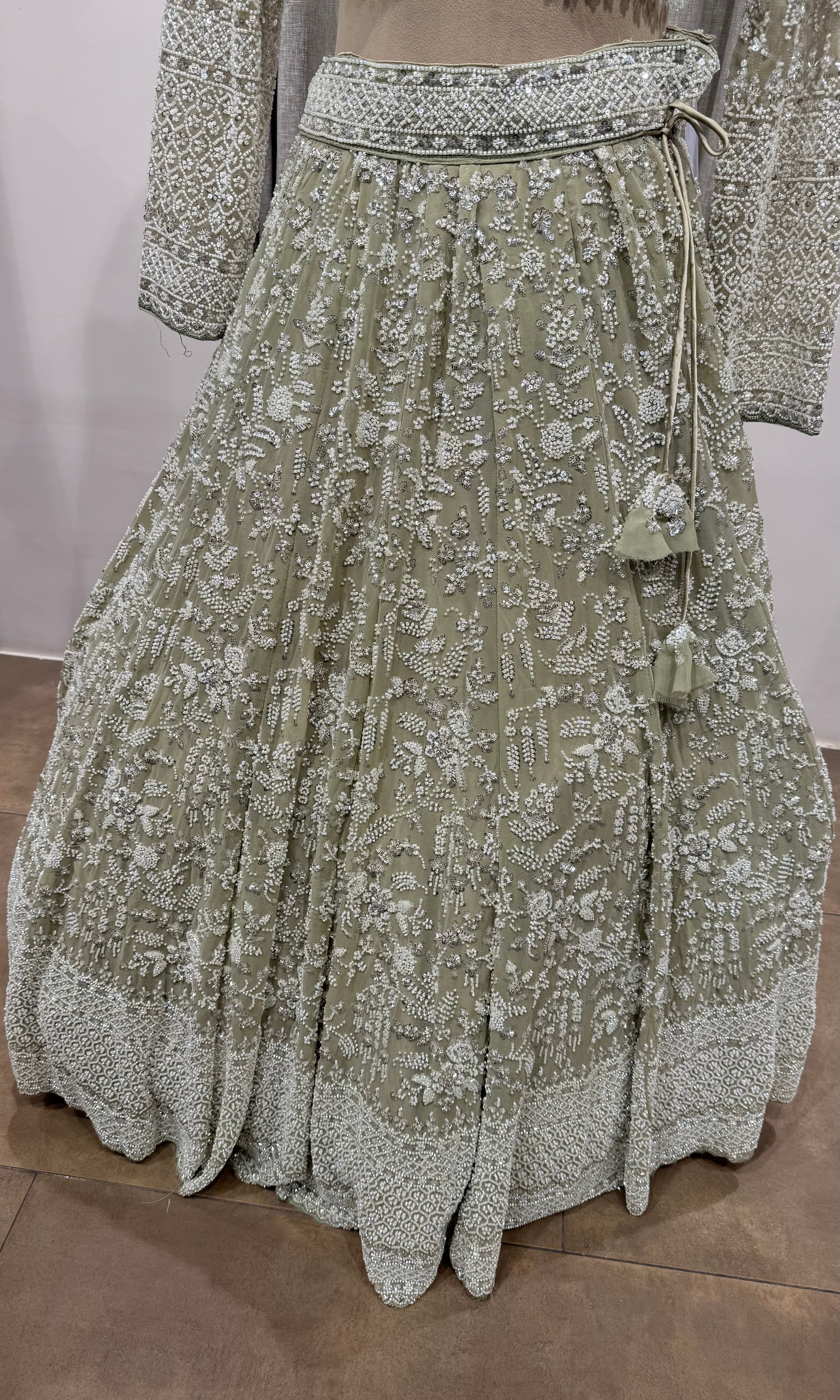 Sage Green Heavily Embroidered Net Bridal Lehenga