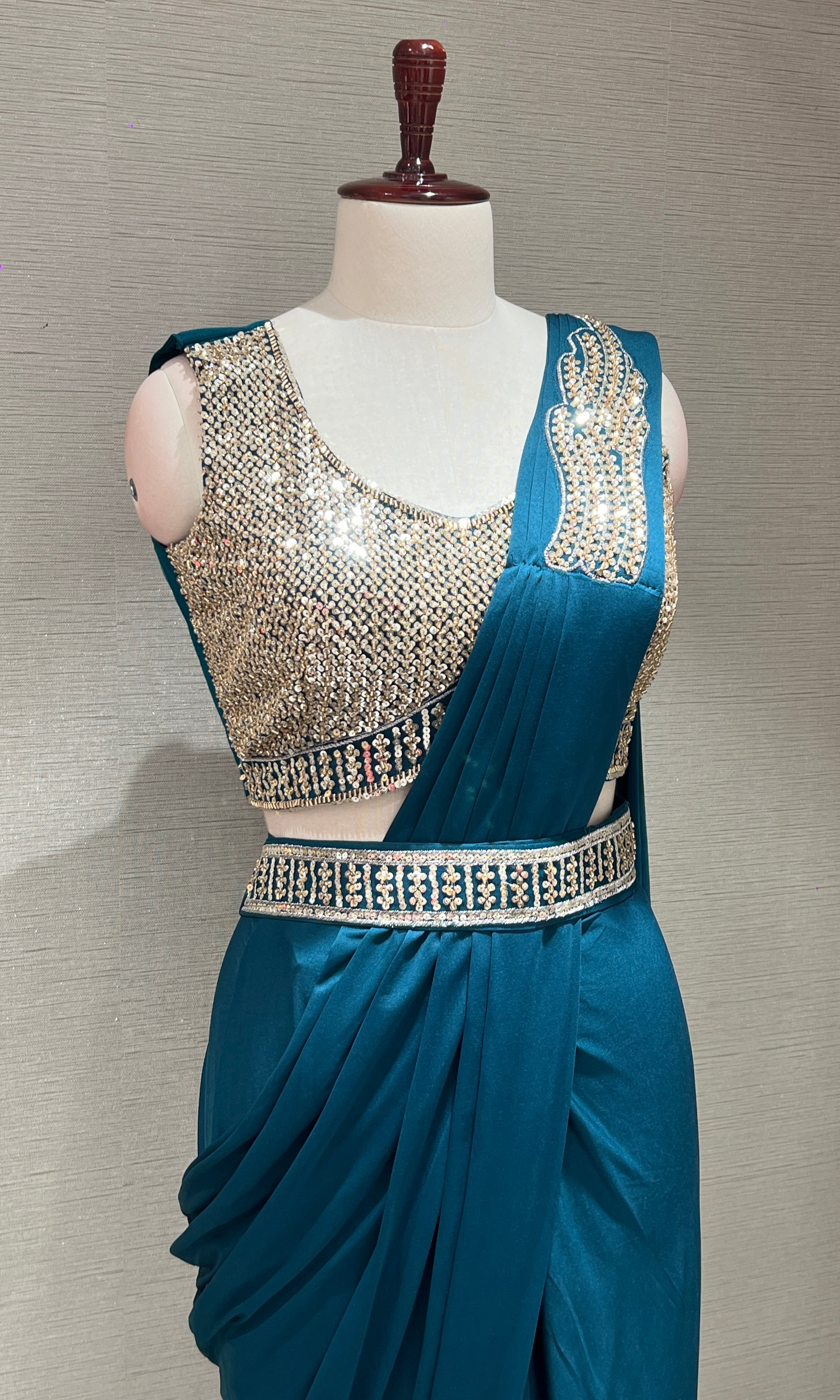 SEA GREEN DRAPE SAREE WITH FLORAL BLOUSE