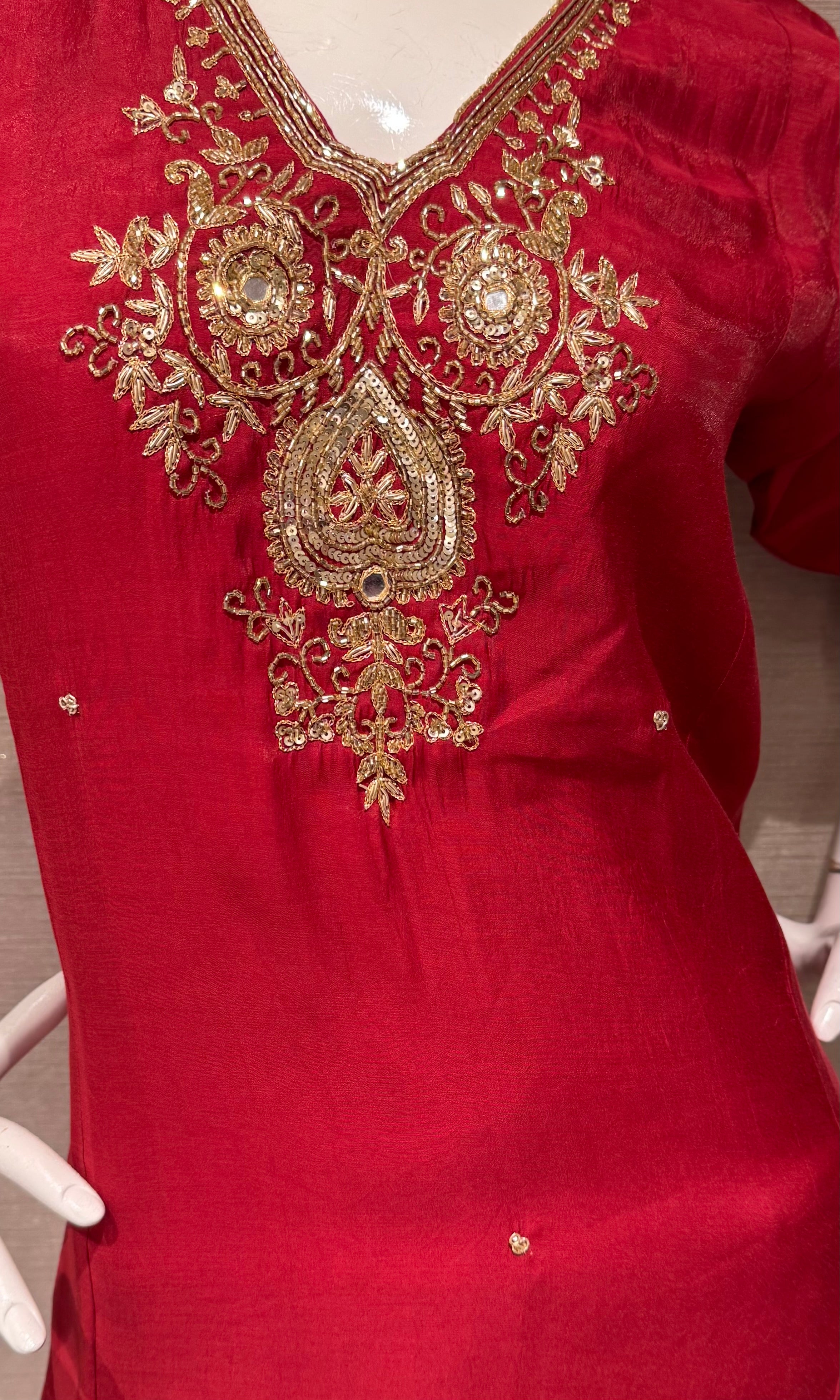 Maroon embroidered Silk Kurta Set with Sheer Dupatta