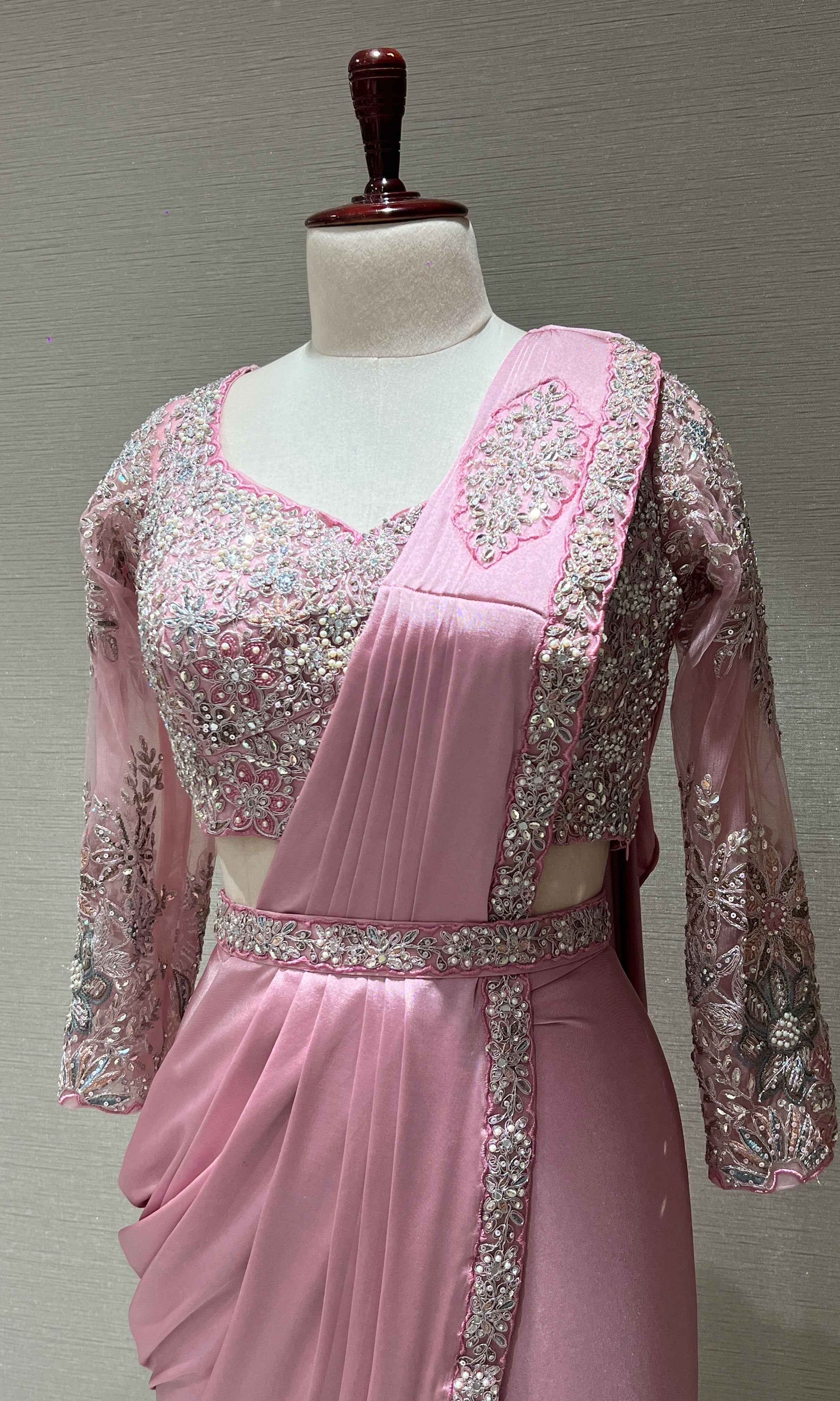 PINK DRAPE SAREE WITH FLORAL BLOUSE & BELT
