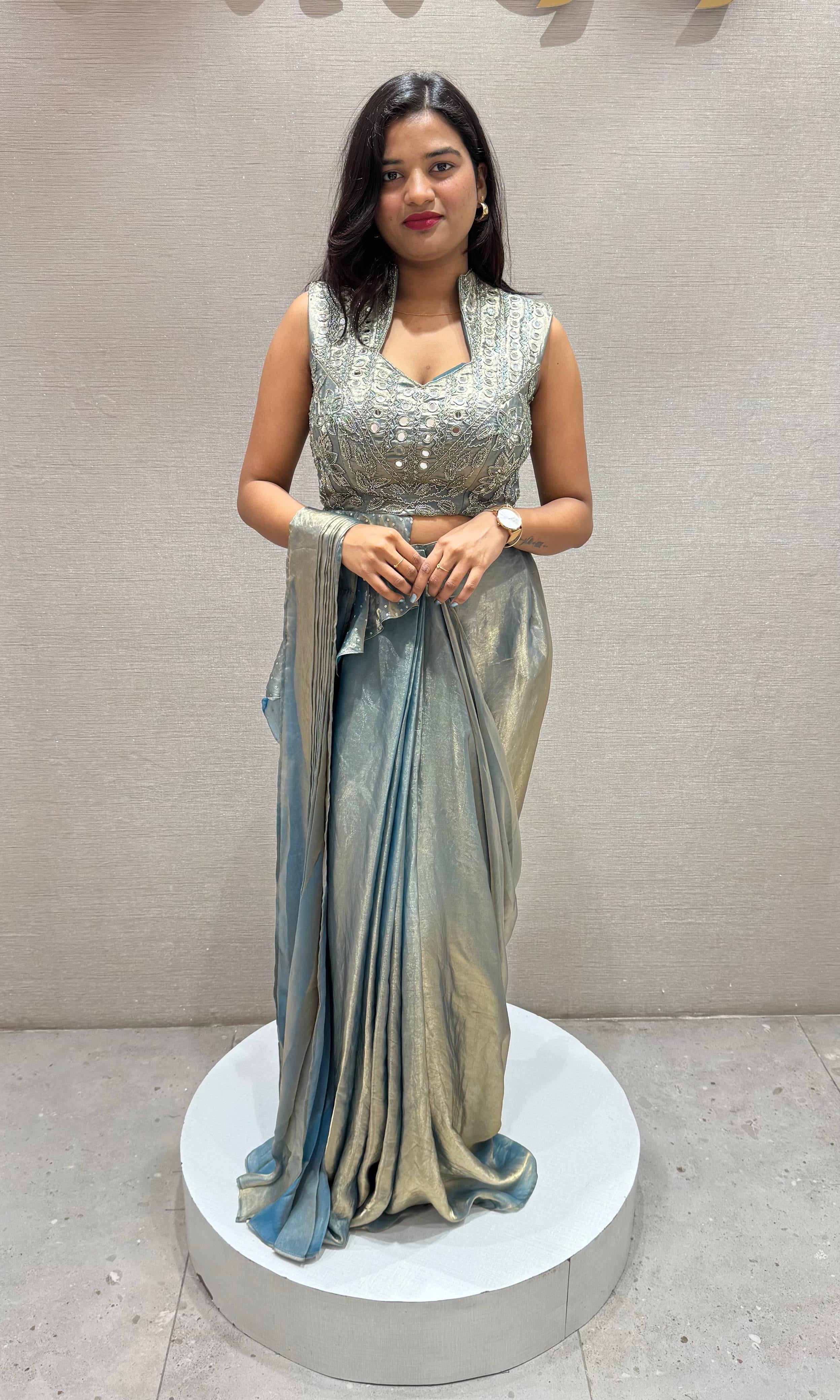 Blue PEPLUM STYLE DRAPE SAREE