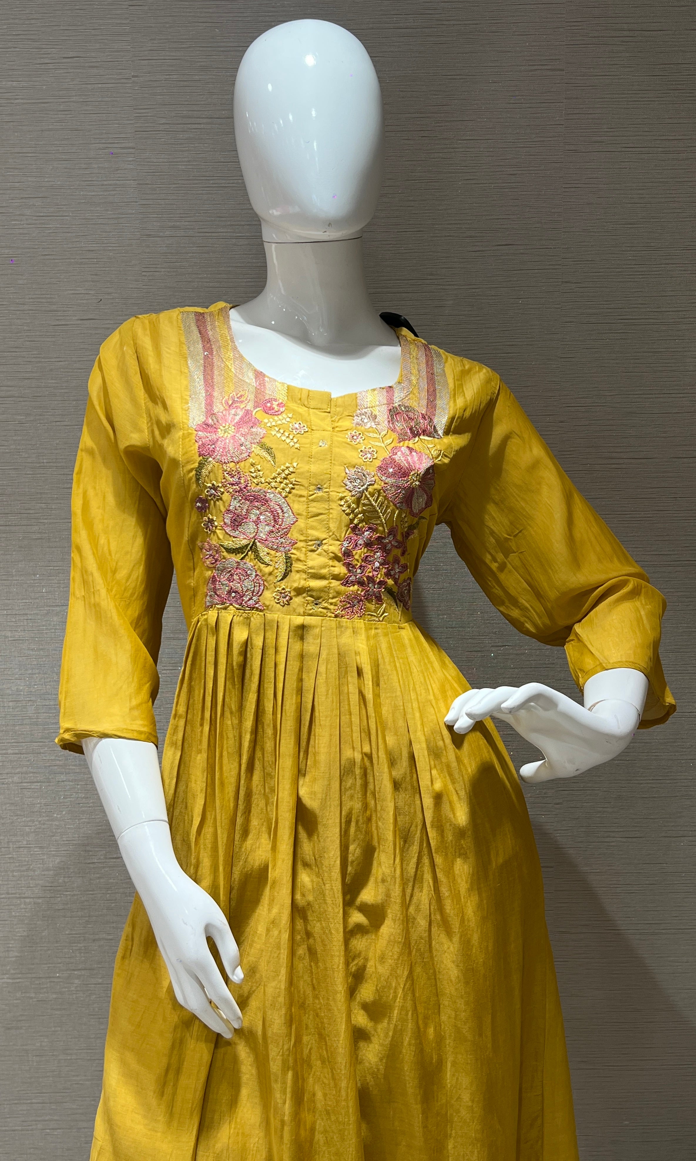 Yellow Mul Chanderi A-line  Kurta set