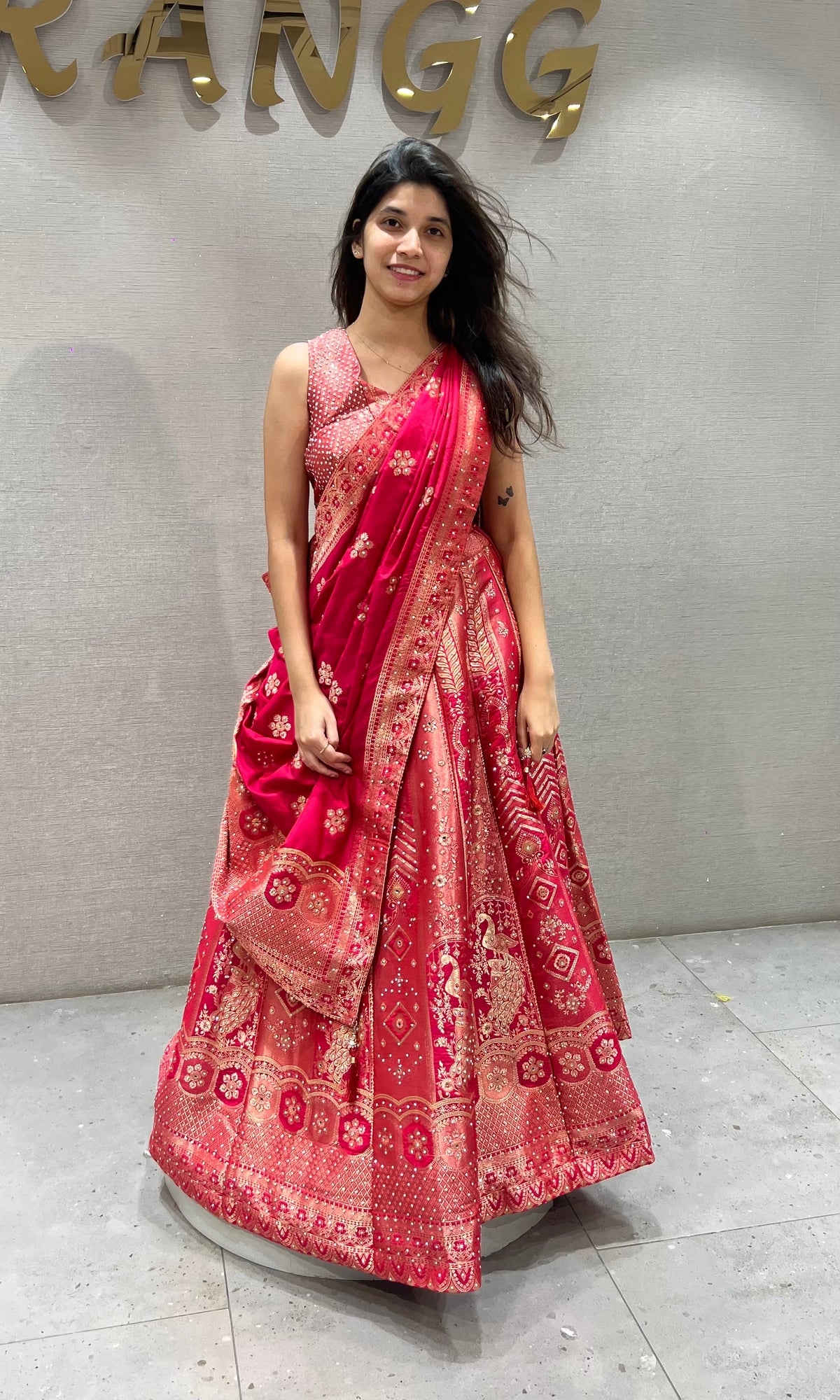 Rani Floral Banarasi Lehenga with Crimson dupatta