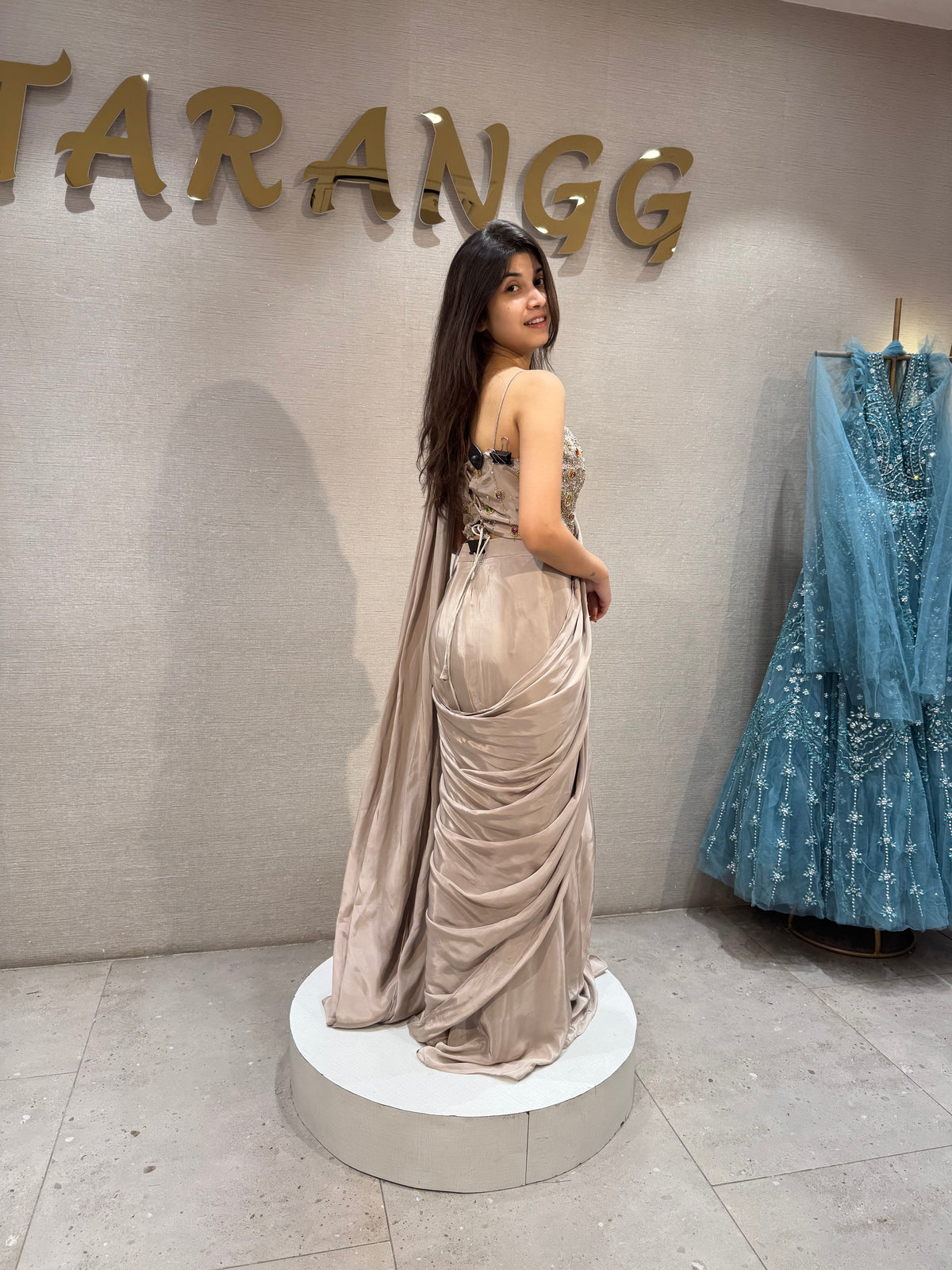 Grey satin Draped Saree with Crystal Embellished Corset Blouse